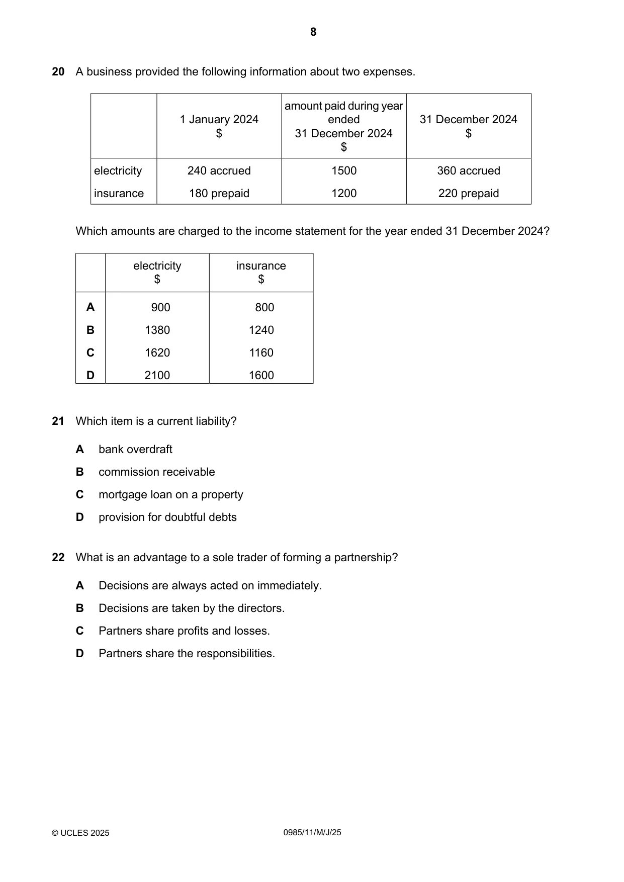 Cambridge IGCSE Accounting (9-1) 0985 2025 May/June Paper 1 · Variant 1 question paper, page 8 of 16
