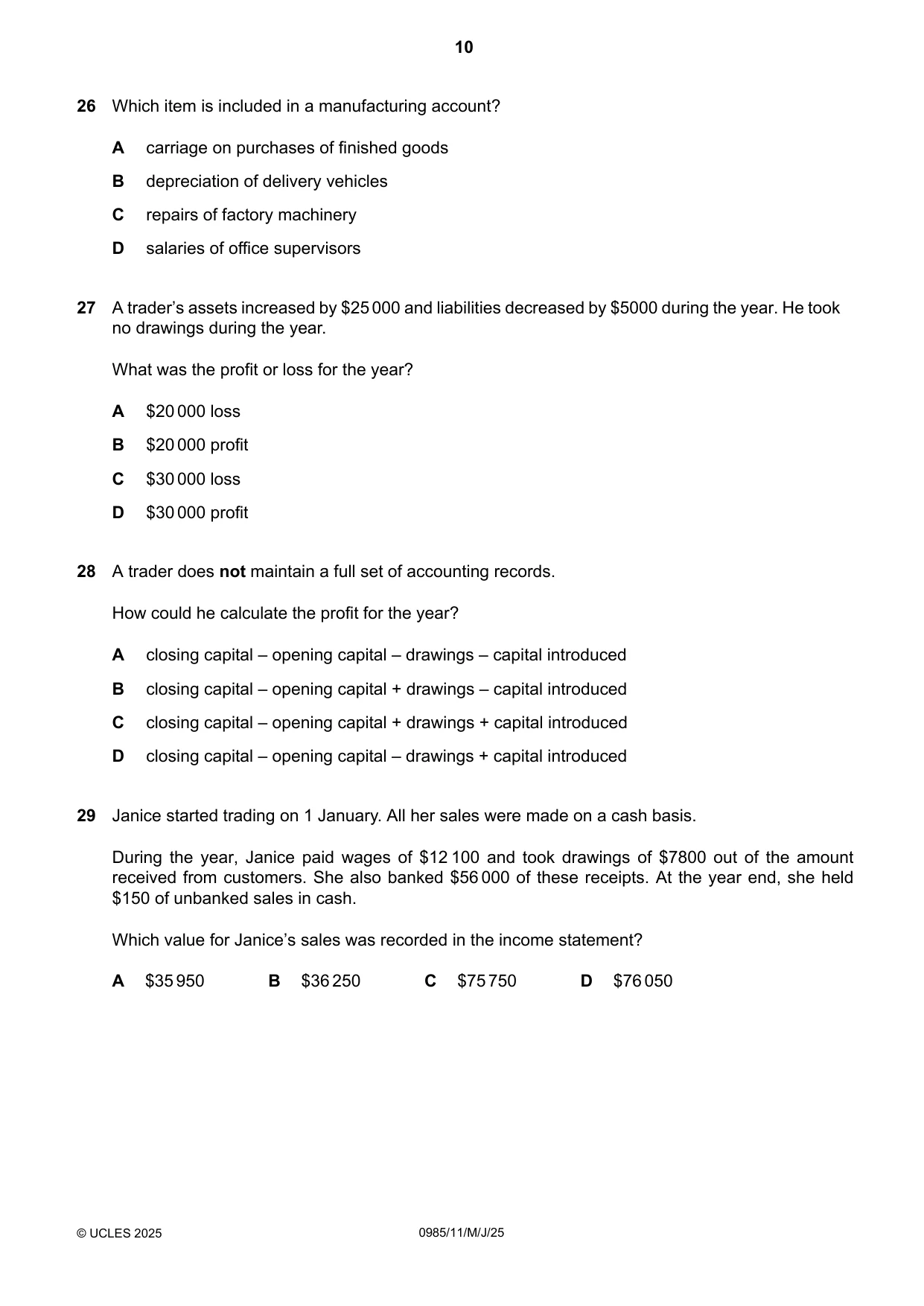Cambridge IGCSE Accounting (9-1) 0985 2025 May/June Paper 1 · Variant 1 question paper, page 10 of 16