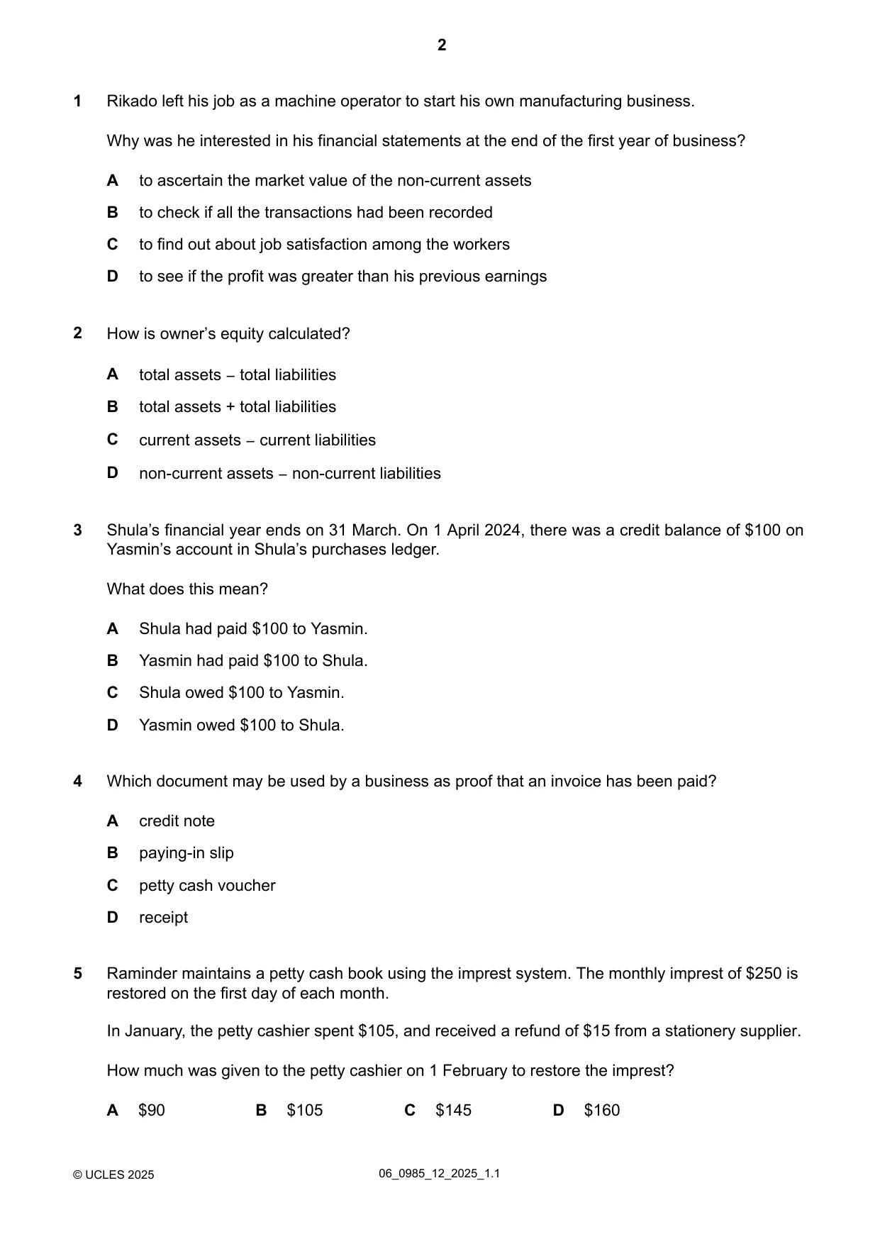 Cambridge IGCSE Accounting (9-1) 0985 2025 May/June Paper 1 · Variant 2 question paper, page 2 of 12
