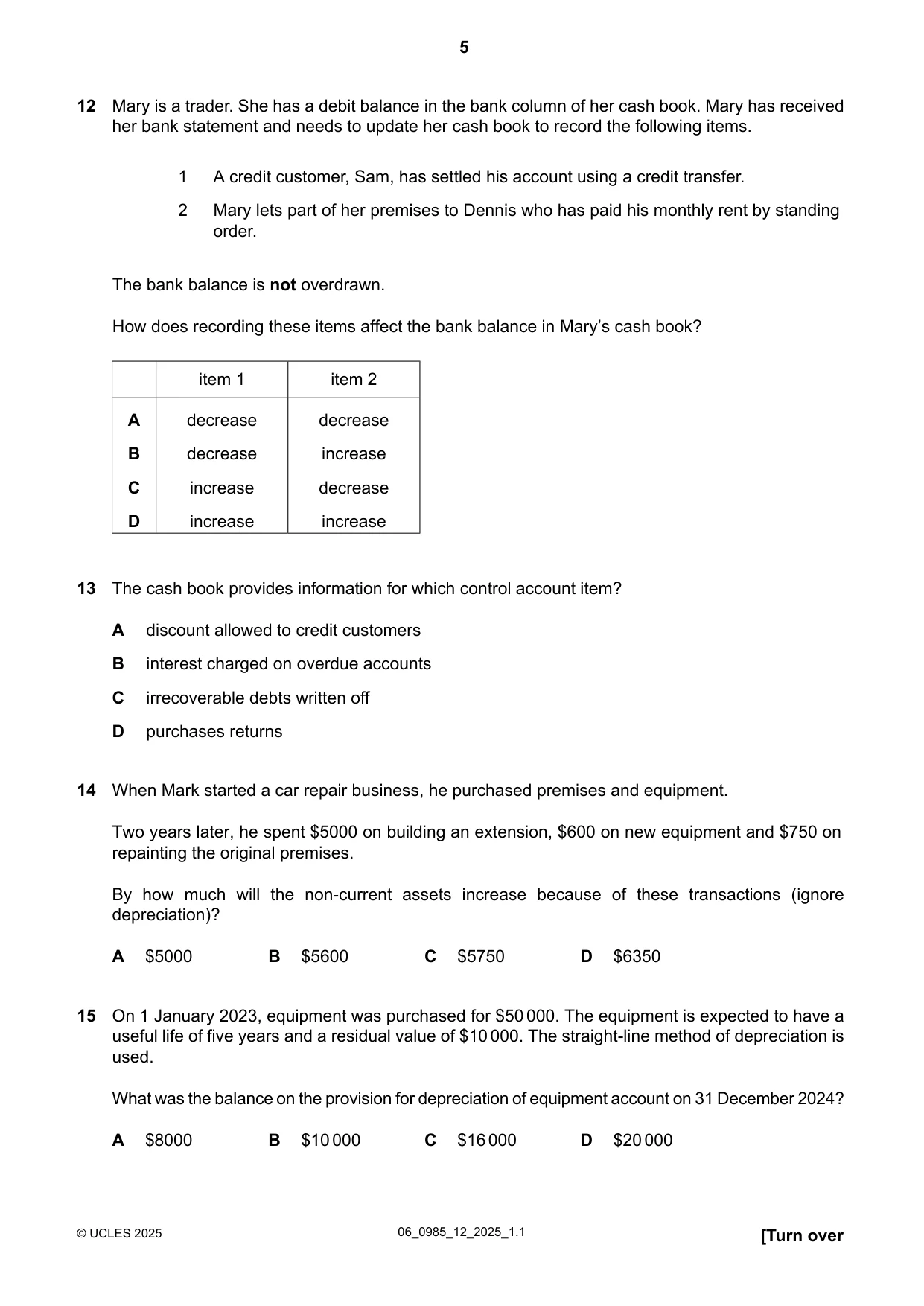 Cambridge IGCSE Accounting (9-1) 0985 2025 May/June Paper 1 · Variant 2 question paper, page 5 of 12