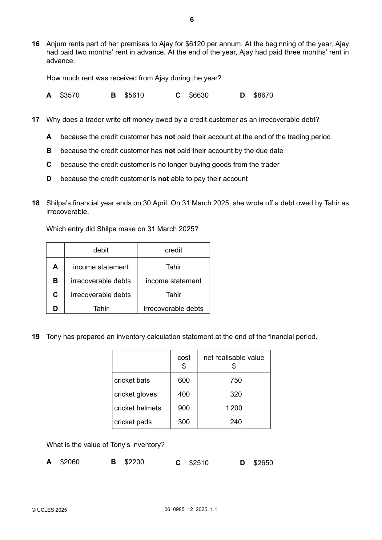 Cambridge IGCSE Accounting (9-1) 0985 2025 May/June Paper 1 · Variant 2 question paper, page 6 of 12