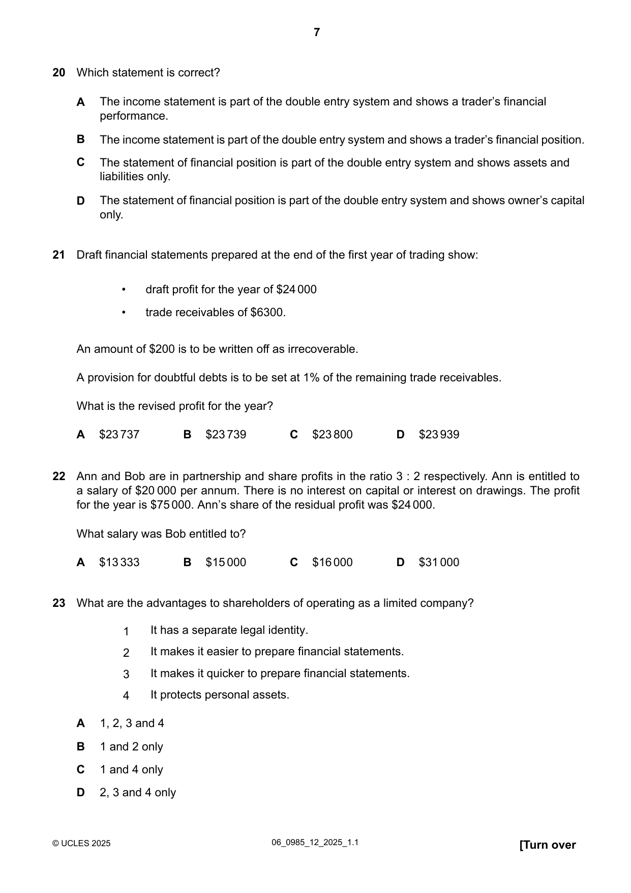 Cambridge IGCSE Accounting (9-1) 0985 2025 May/June Paper 1 · Variant 2 question paper, page 7 of 12