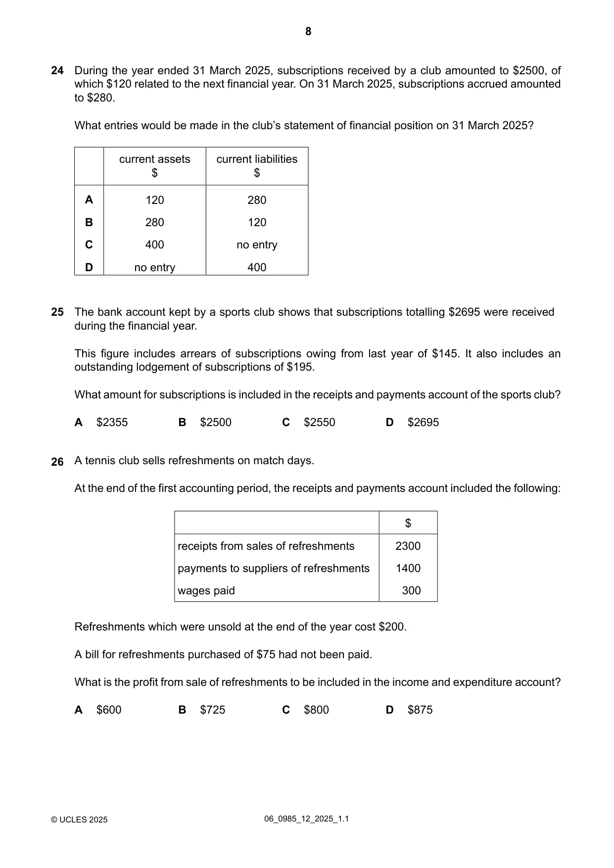 Cambridge IGCSE Accounting (9-1) 0985 2025 May/June Paper 1 · Variant 2 question paper, page 8 of 12