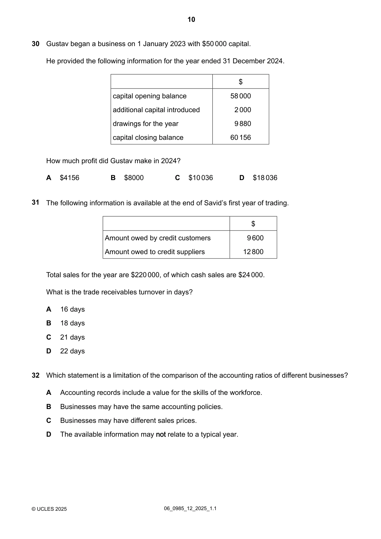 Cambridge IGCSE Accounting (9-1) 0985 2025 May/June Paper 1 · Variant 2 question paper, page 10 of 12