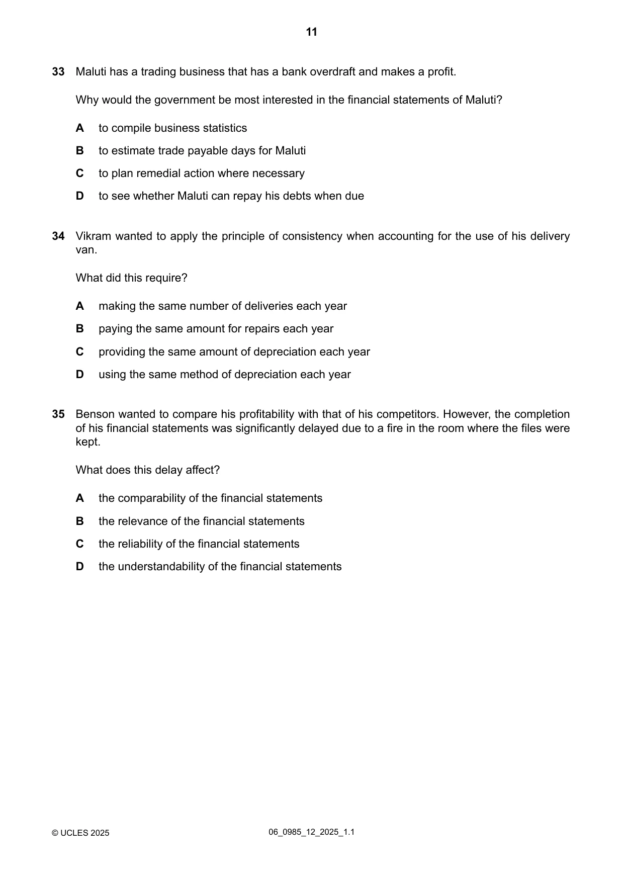 Cambridge IGCSE Accounting (9-1) 0985 2025 May/June Paper 1 · Variant 2 question paper, page 11 of 12