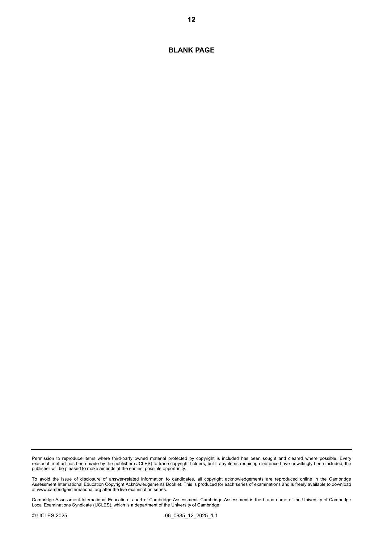 Cambridge IGCSE Accounting (9-1) 0985 2025 May/June Paper 1 · Variant 2 question paper, page 12 of 12