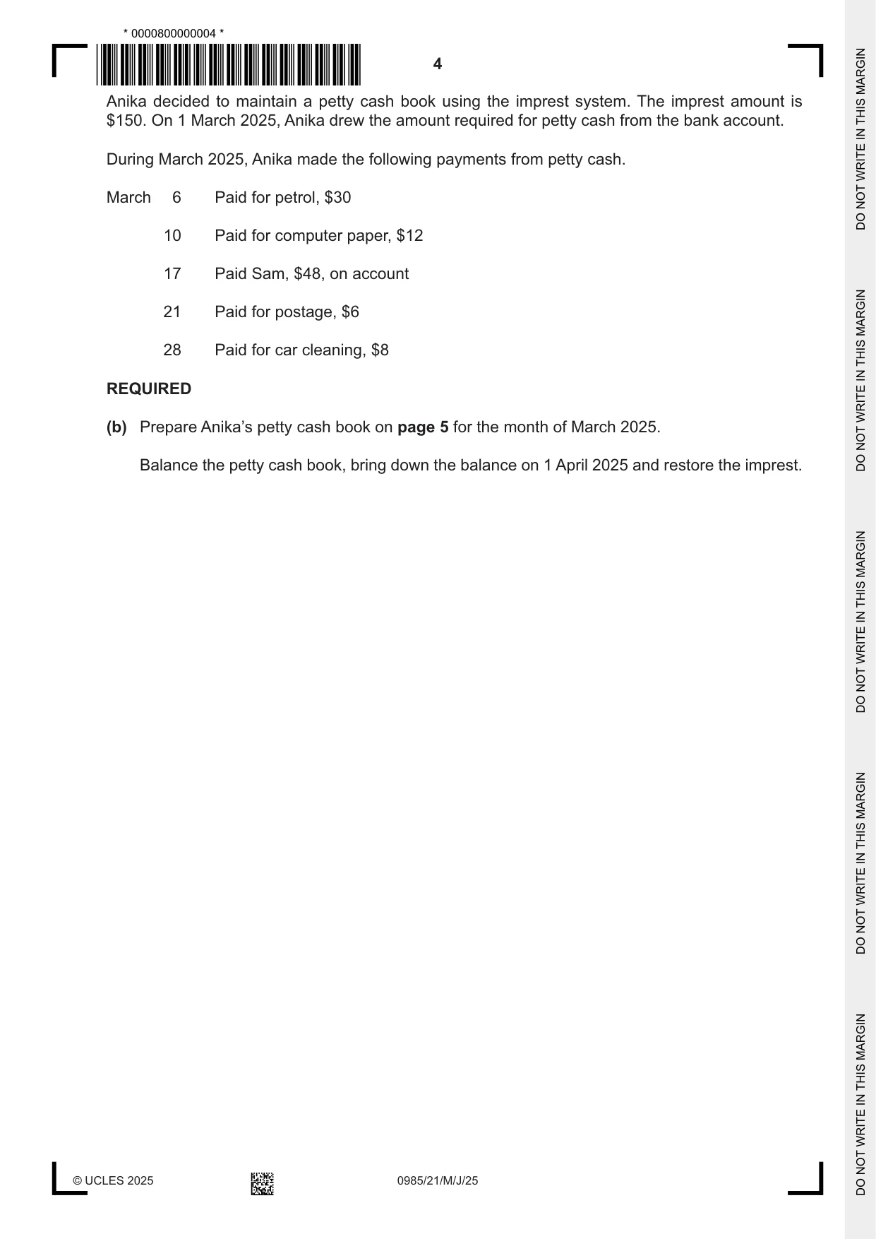 Cambridge IGCSE Accounting (9-1) 0985 2025 May/June Paper 2 · Variant 1 question paper, page 4 of 20