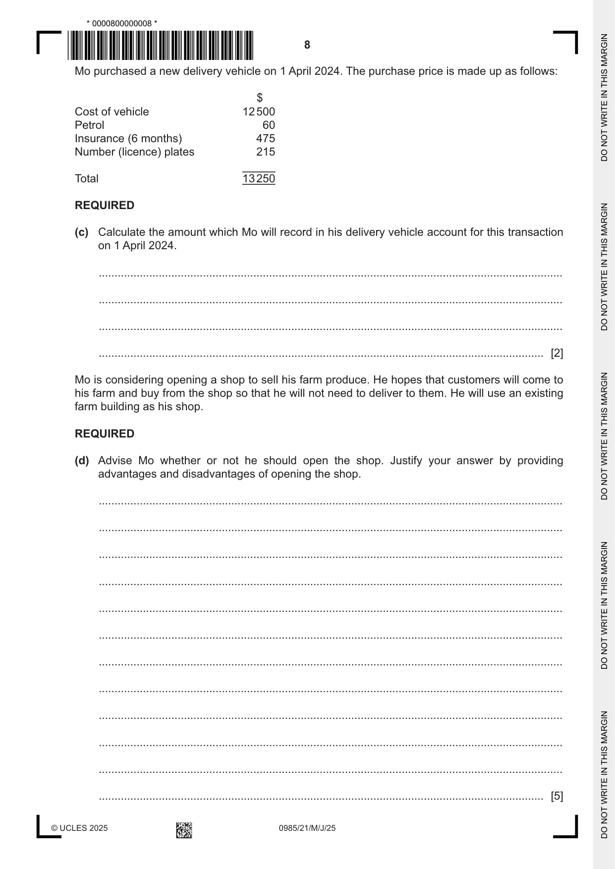 Cambridge IGCSE Accounting (9-1) 0985 2025 May/June Paper 2 · Variant 1 question paper, page 8 of 20