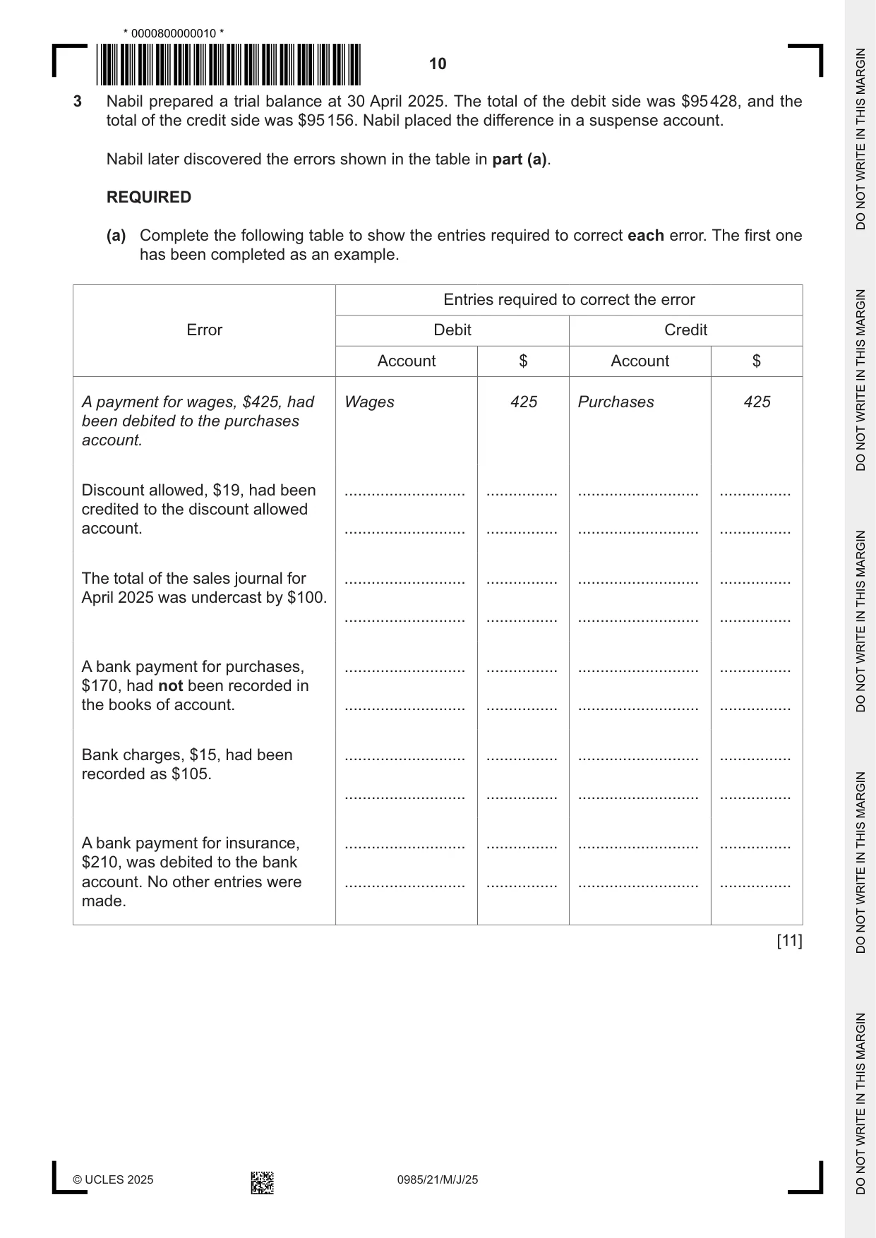 Cambridge IGCSE Accounting (9-1) 0985 2025 May/June Paper 2 · Variant 1 question paper, page 10 of 20