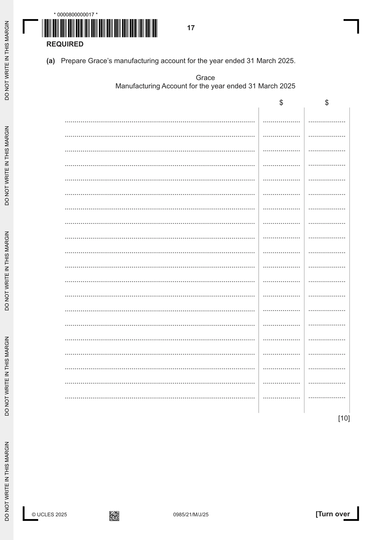 Cambridge IGCSE Accounting (9-1) 0985 2025 May/June Paper 2 · Variant 1 question paper, page 17 of 20