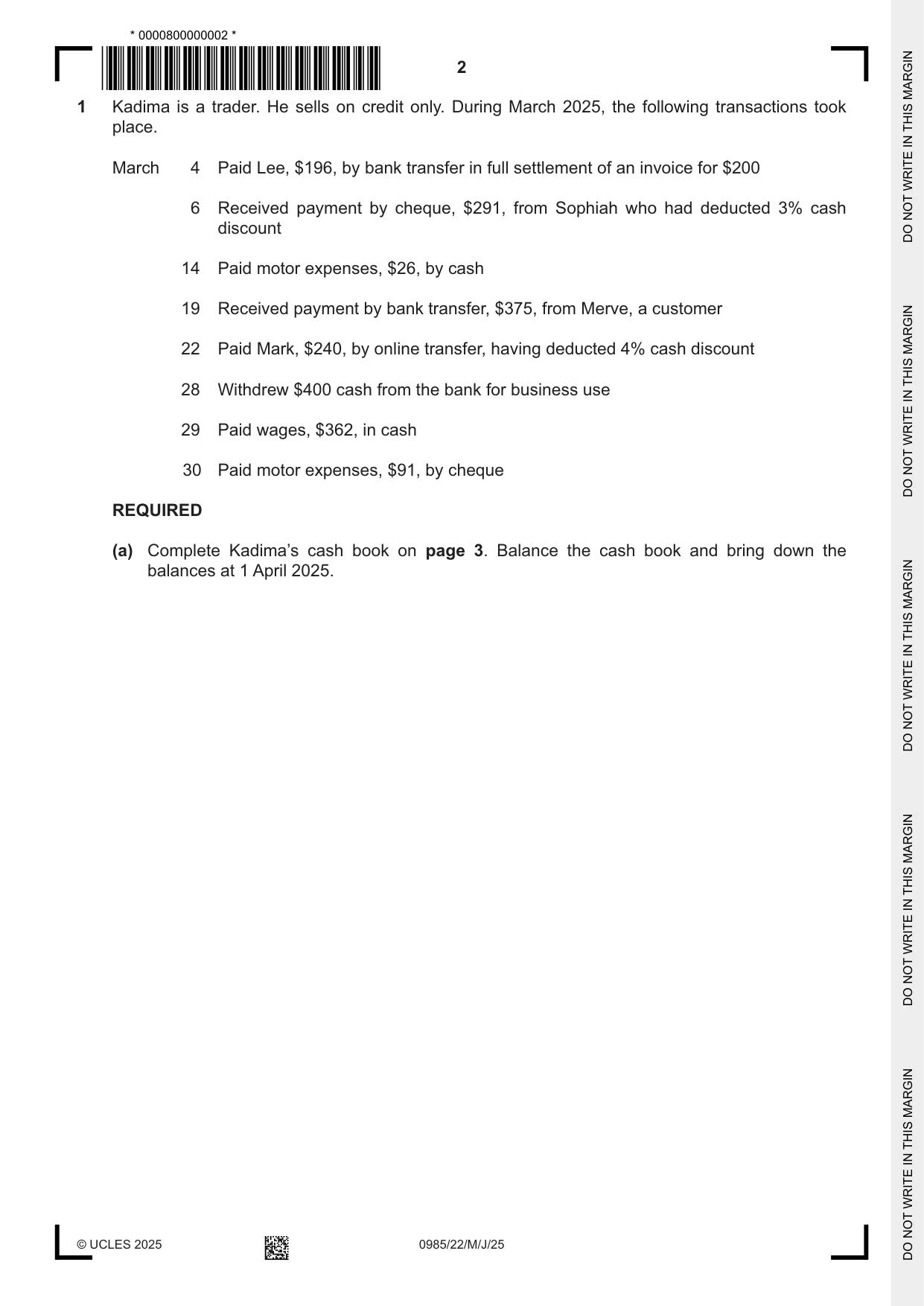 Cambridge IGCSE Accounting (9-1) 0985 2025 May/June Paper 2 · Variant 2 question paper, page 2 of 20