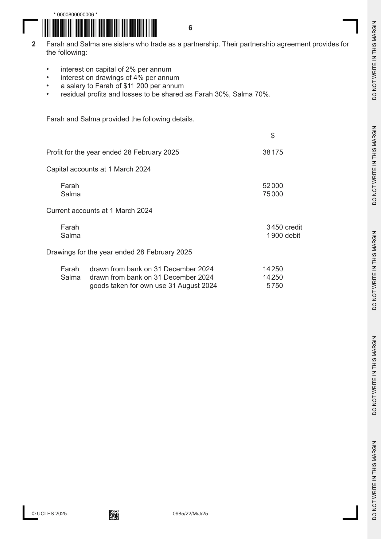 Cambridge IGCSE Accounting (9-1) 0985 2025 May/June Paper 2 · Variant 2 question paper, page 6 of 20