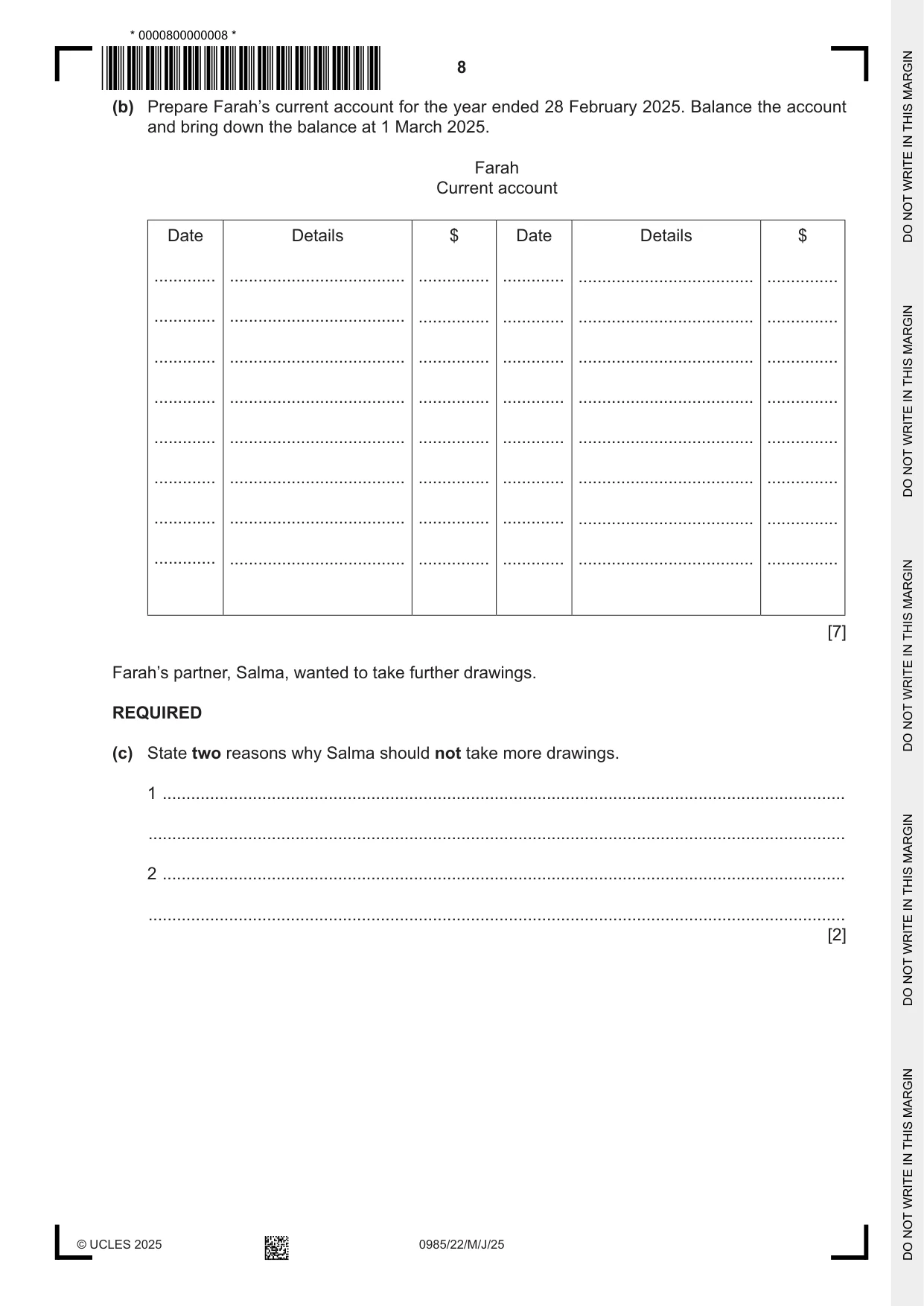 Cambridge IGCSE Accounting (9-1) 0985 2025 May/June Paper 2 · Variant 2 question paper, page 8 of 20