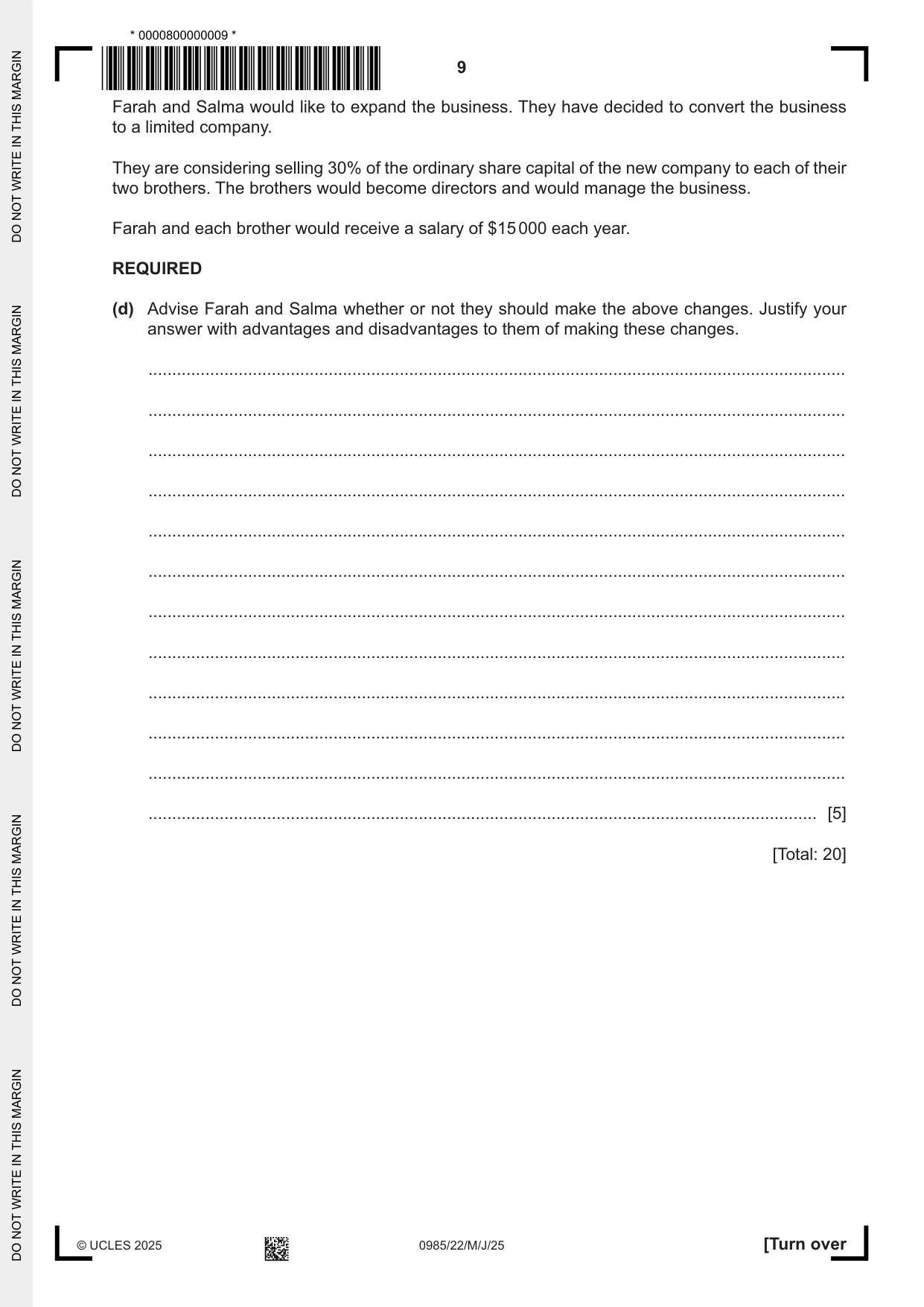 Cambridge IGCSE Accounting (9-1) 0985 2025 May/June Paper 2 · Variant 2 question paper, page 9 of 20