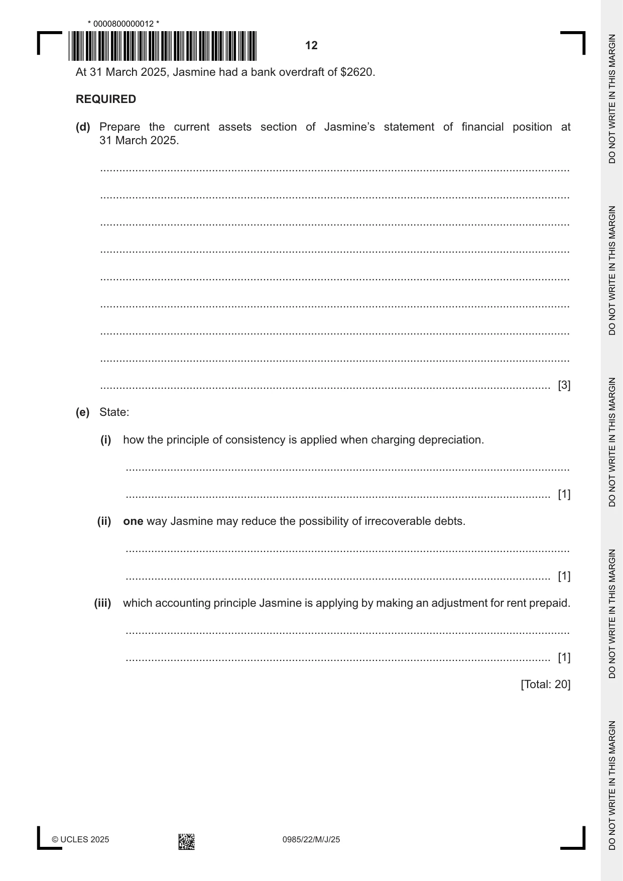Cambridge IGCSE Accounting (9-1) 0985 2025 May/June Paper 2 · Variant 2 question paper, page 12 of 20