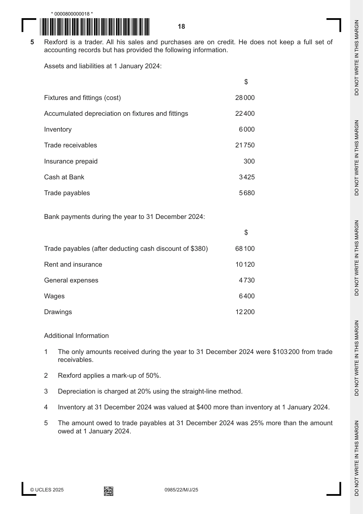 Cambridge IGCSE Accounting (9-1) 0985 2025 May/June Paper 2 · Variant 2 question paper, page 18 of 20