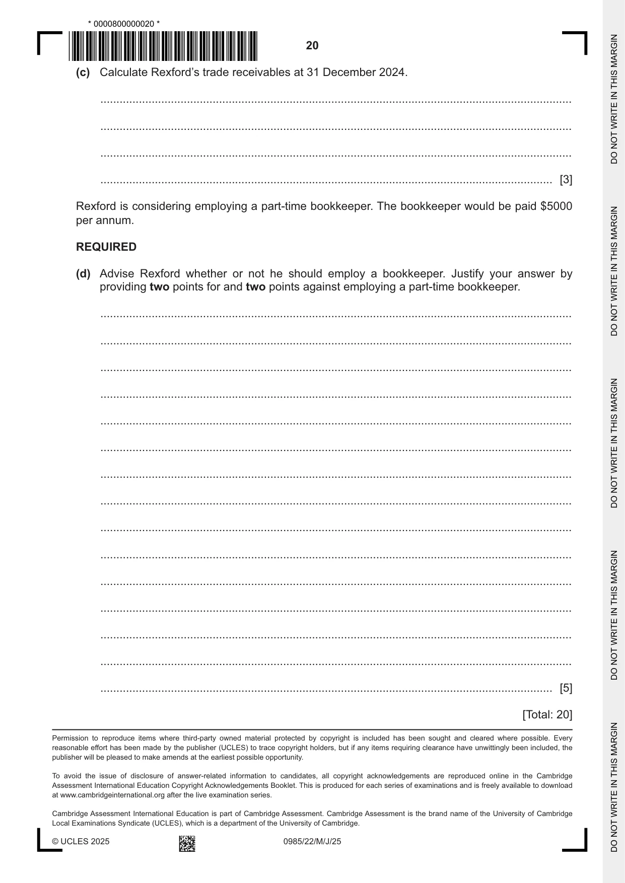 Cambridge IGCSE Accounting (9-1) 0985 2025 May/June Paper 2 · Variant 2 question paper, page 20 of 20