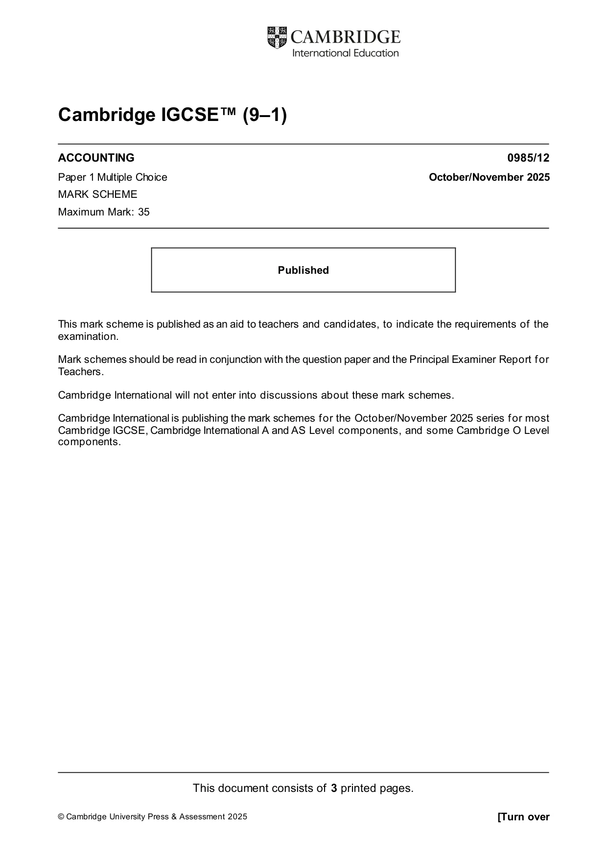 Mark scheme, page 1 of 3