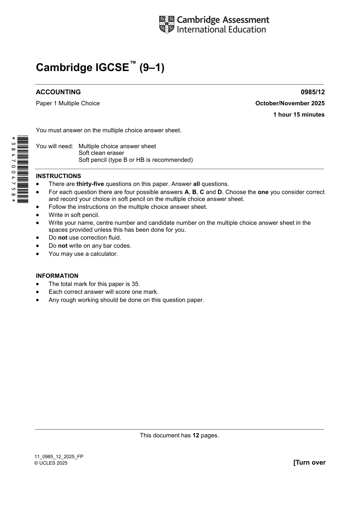 Cambridge IGCSE Accounting (9-1) 0985 2025 Oct/Nov Paper 1 · Variant 2 question paper, page 1 of 12