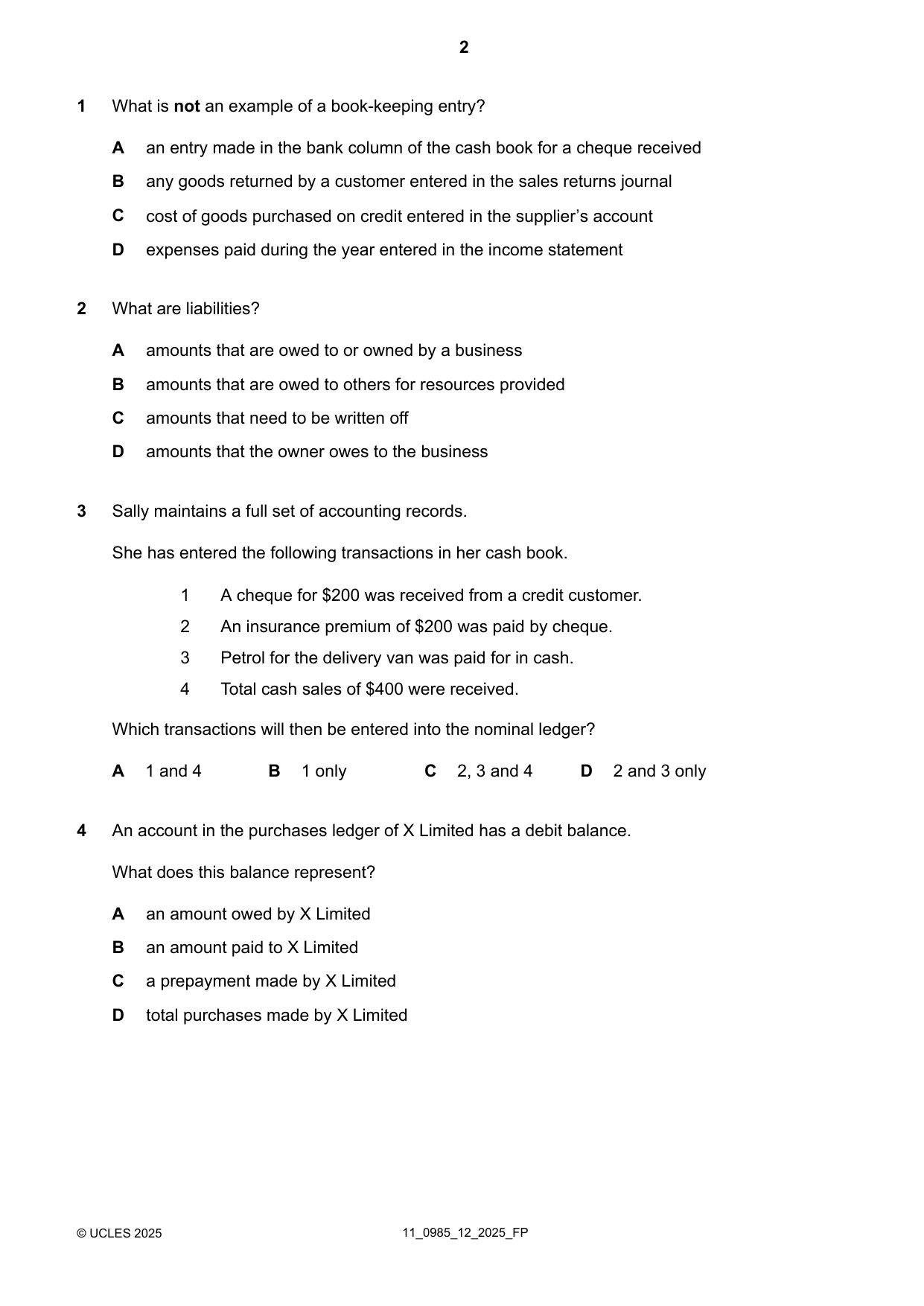 Cambridge IGCSE Accounting (9-1) 0985 2025 Oct/Nov Paper 1 · Variant 2 question paper, page 2 of 12