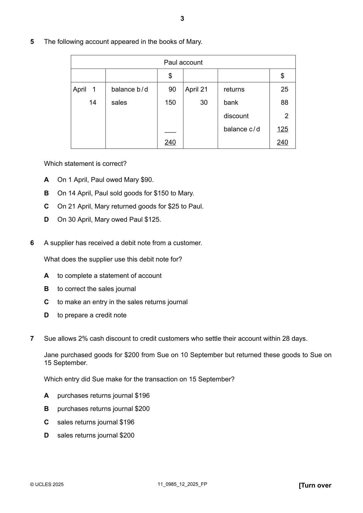 Cambridge IGCSE Accounting (9-1) 0985 2025 Oct/Nov Paper 1 · Variant 2 question paper, page 3 of 12
