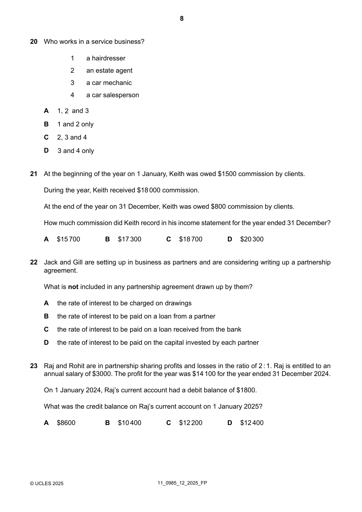 Cambridge IGCSE Accounting (9-1) 0985 2025 Oct/Nov Paper 1 · Variant 2 question paper, page 8 of 12
