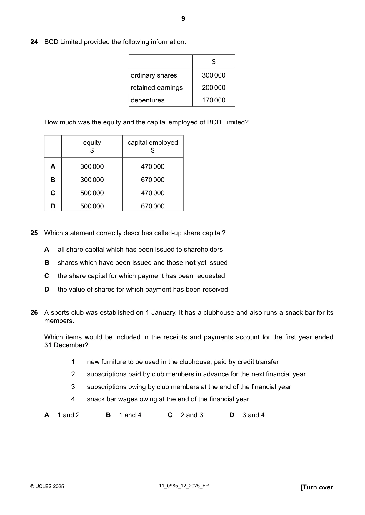Cambridge IGCSE Accounting (9-1) 0985 2025 Oct/Nov Paper 1 · Variant 2 question paper, page 9 of 12
