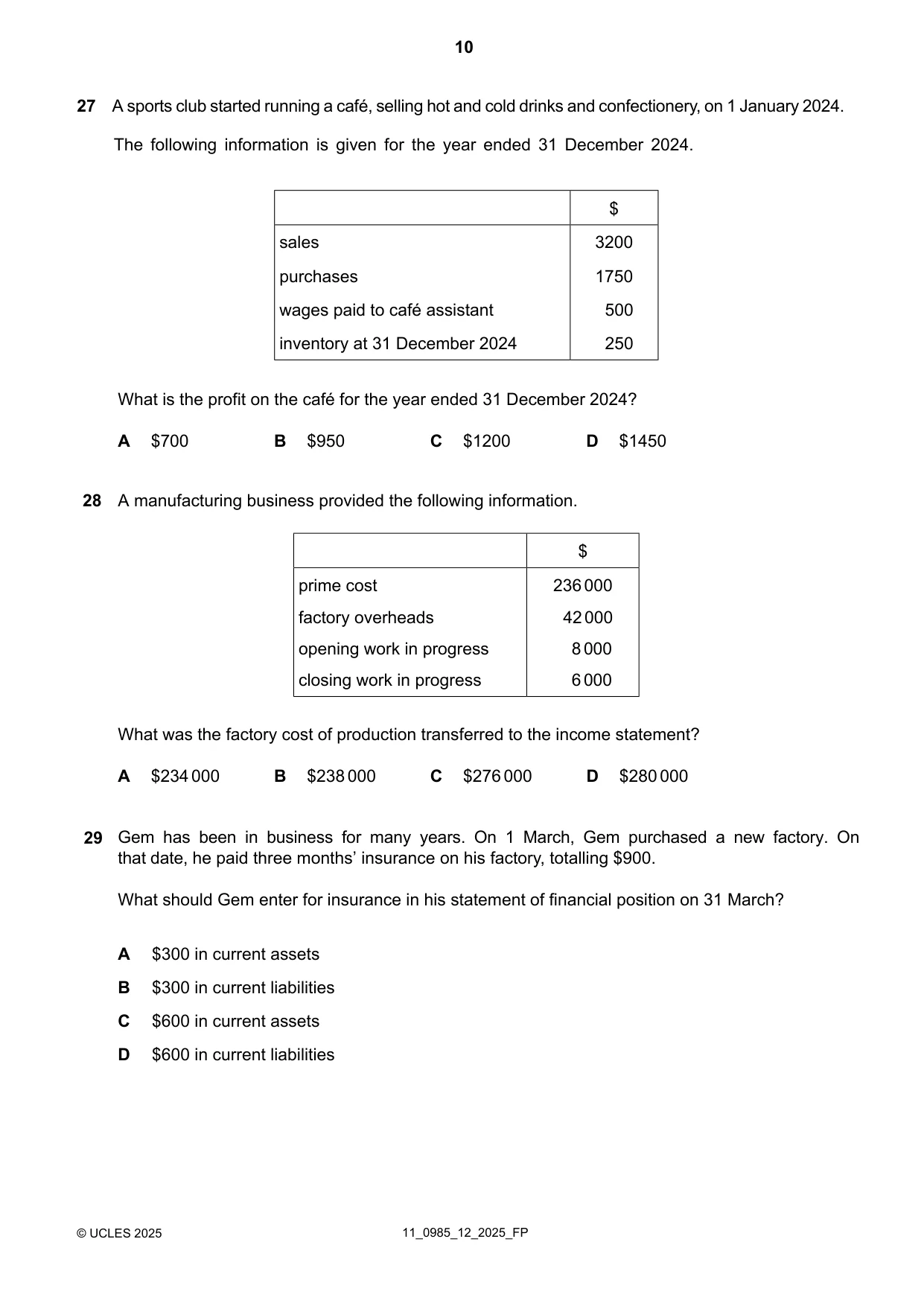Cambridge IGCSE Accounting (9-1) 0985 2025 Oct/Nov Paper 1 · Variant 2 question paper, page 10 of 12