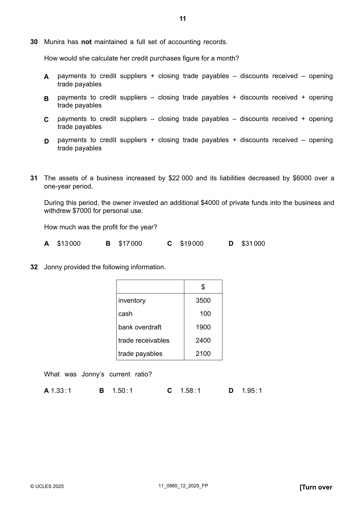 Cambridge IGCSE Accounting (9-1) 0985 2025 Oct/Nov Paper 1 · Variant 2 question paper, page 11 of 12