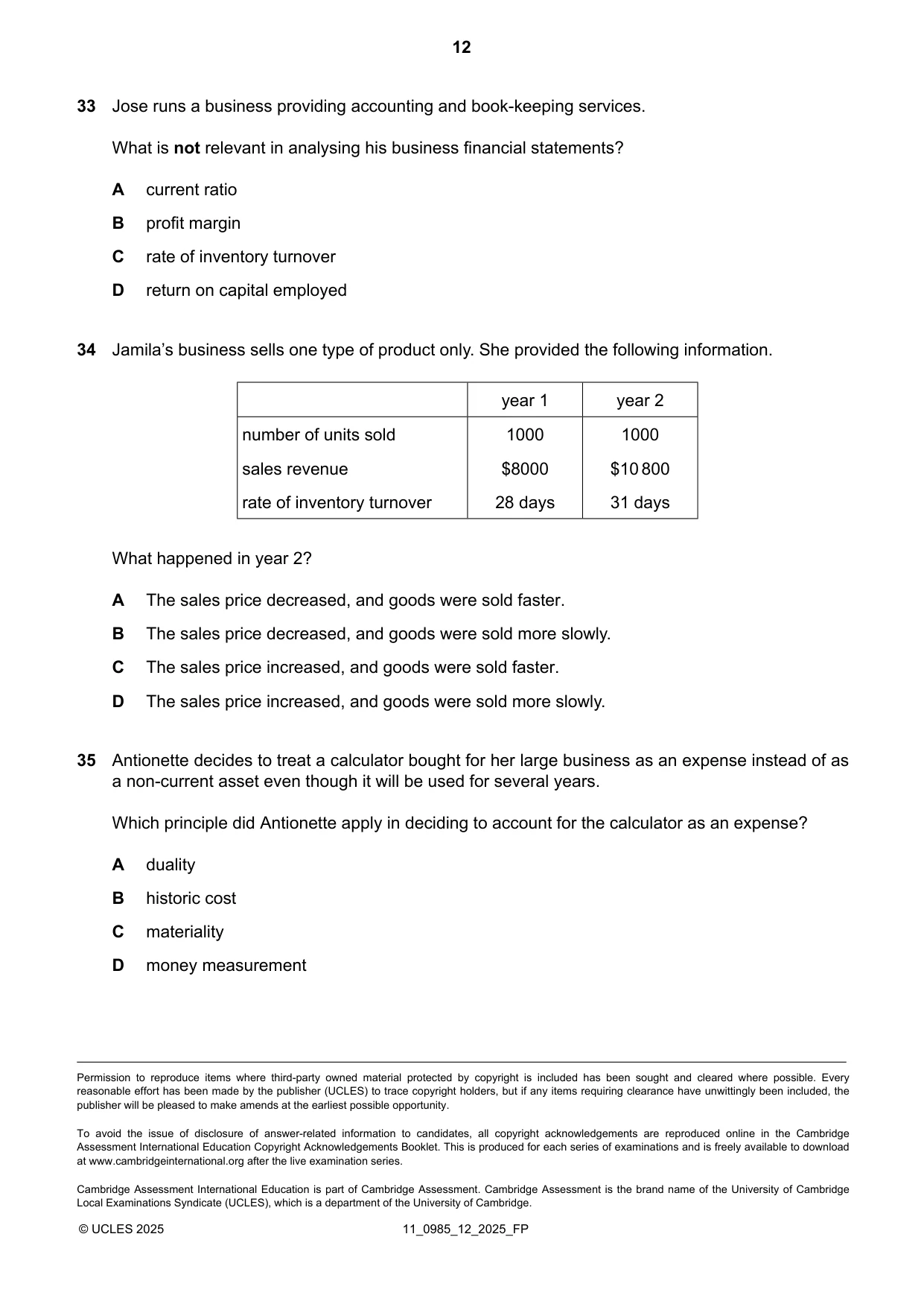 Cambridge IGCSE Accounting (9-1) 0985 2025 Oct/Nov Paper 1 · Variant 2 question paper, page 12 of 12