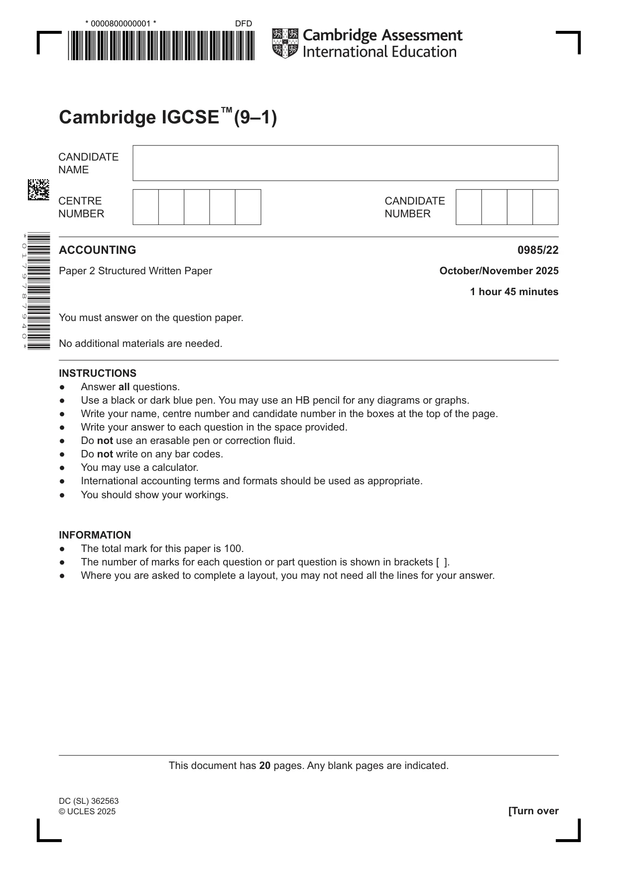 Cambridge IGCSE Accounting (9-1) 0985 2025 Oct/Nov Paper 2 · Variant 2 question paper, page 1 of 20