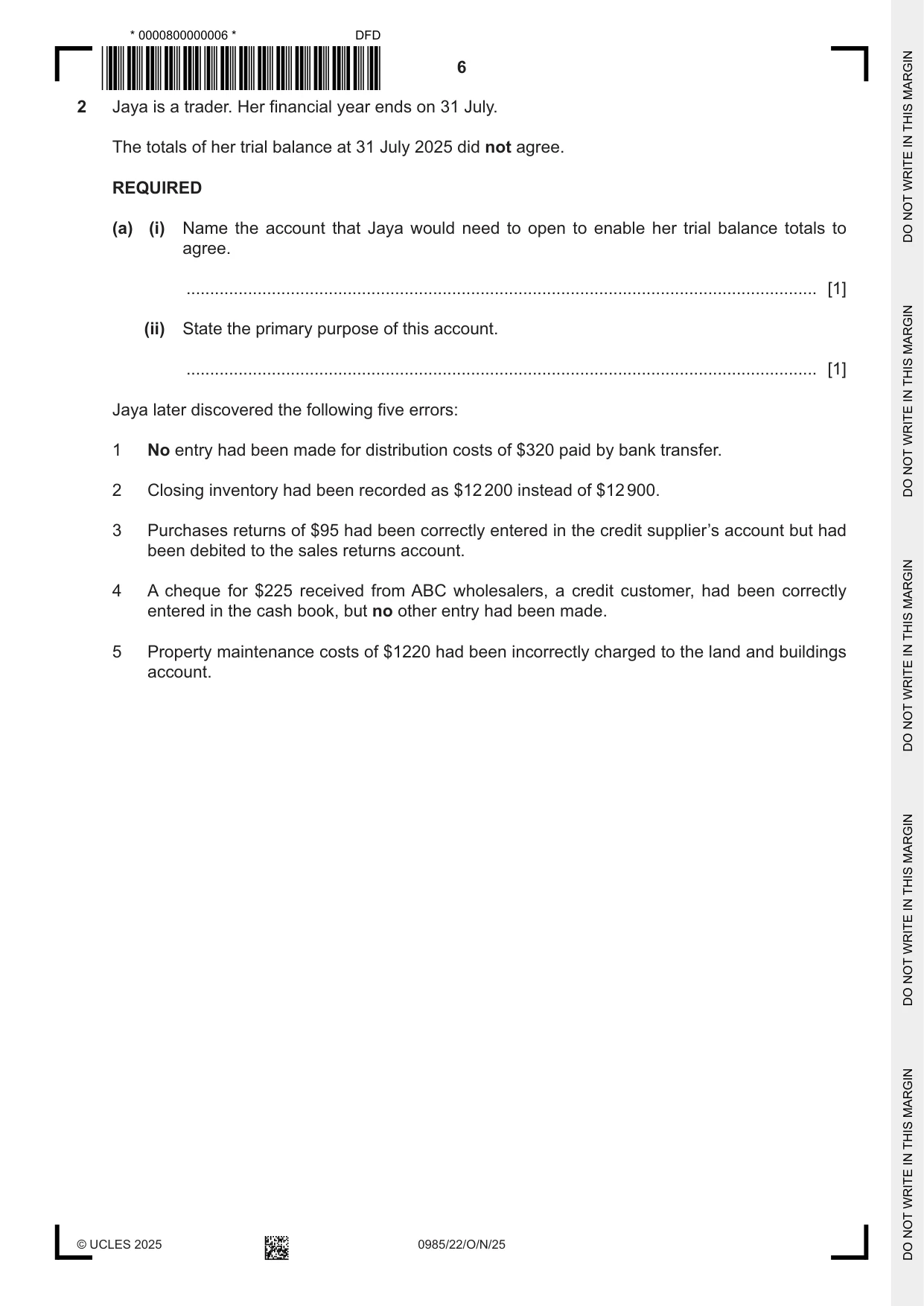 Cambridge IGCSE Accounting (9-1) 0985 2025 Oct/Nov Paper 2 · Variant 2 question paper, page 6 of 20