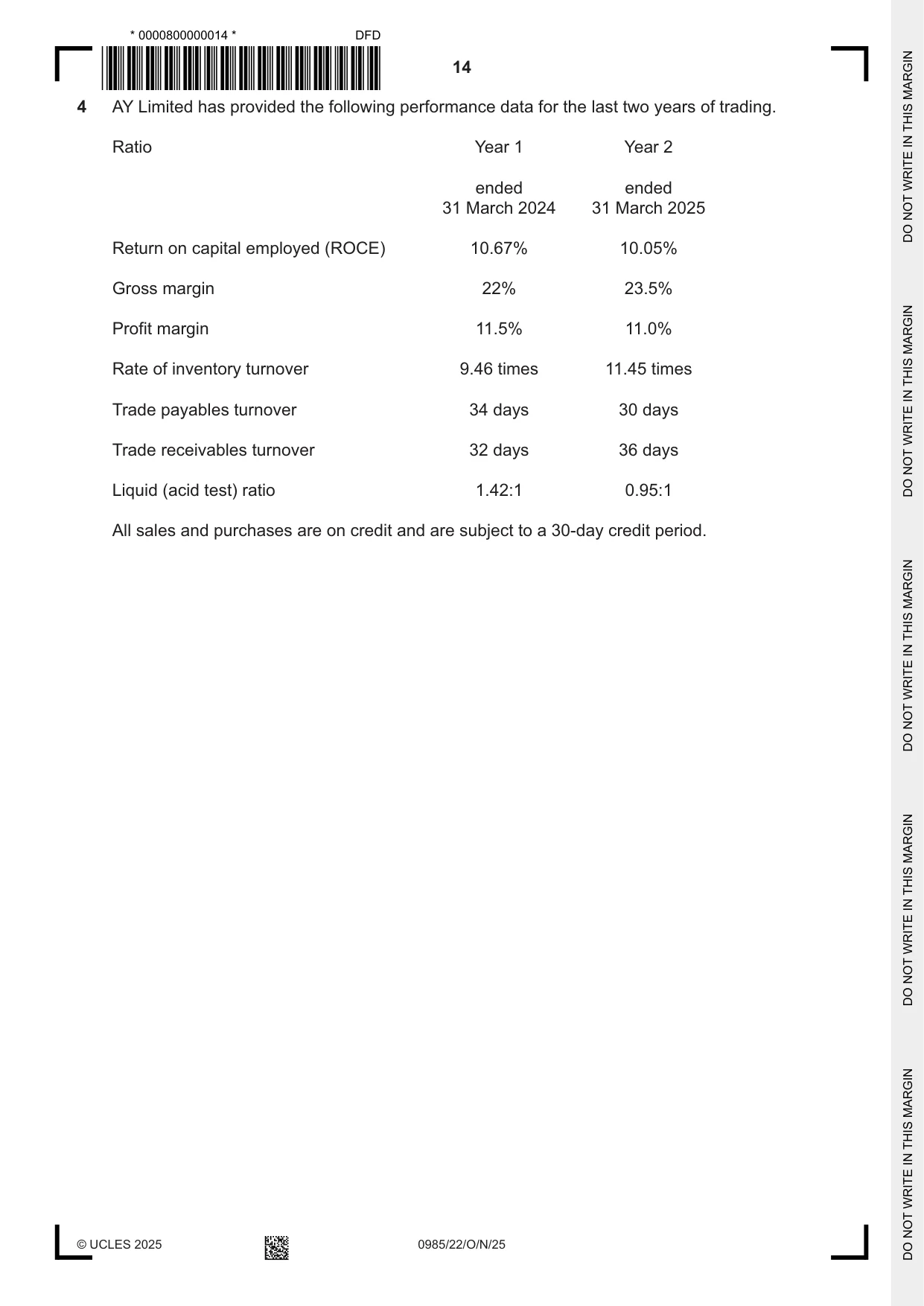 Cambridge IGCSE Accounting (9-1) 0985 2025 Oct/Nov Paper 2 · Variant 2 question paper, page 14 of 20