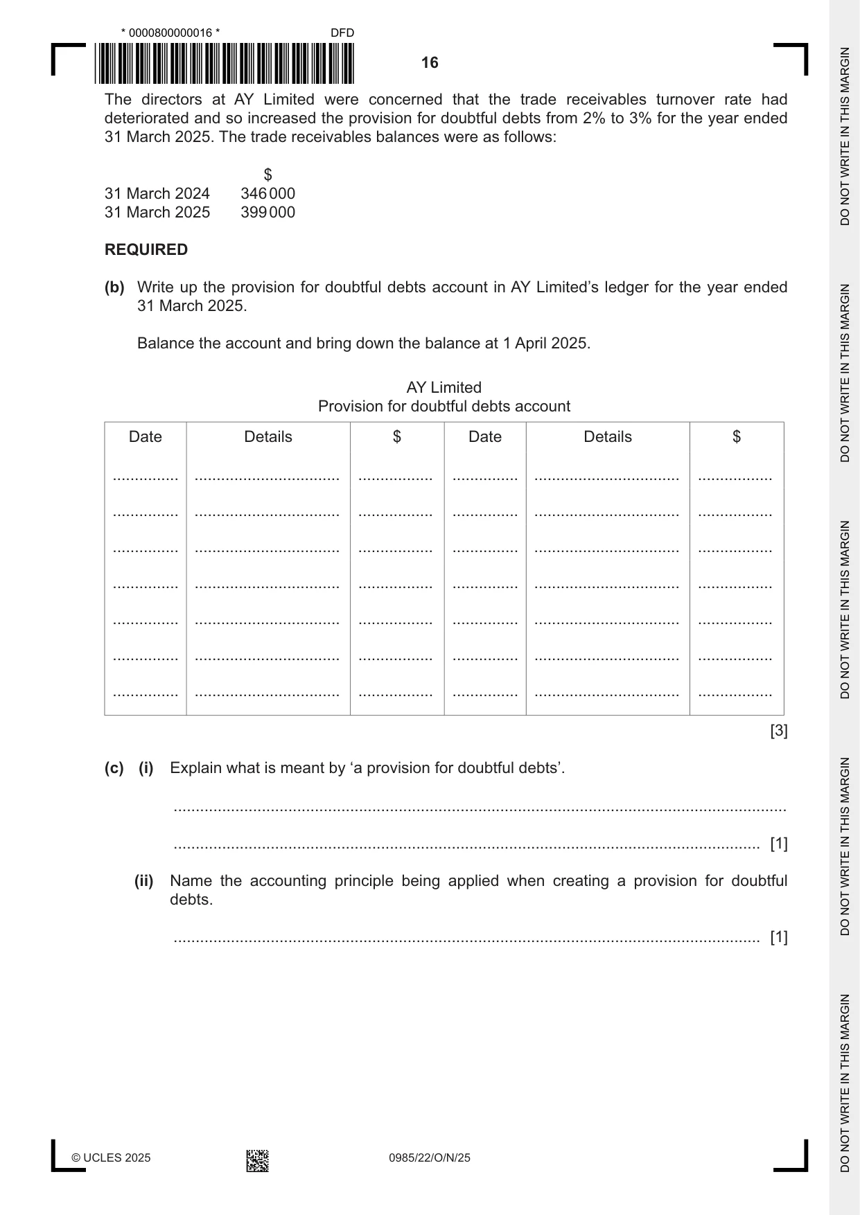 Cambridge IGCSE Accounting (9-1) 0985 2025 Oct/Nov Paper 2 · Variant 2 question paper, page 16 of 20
