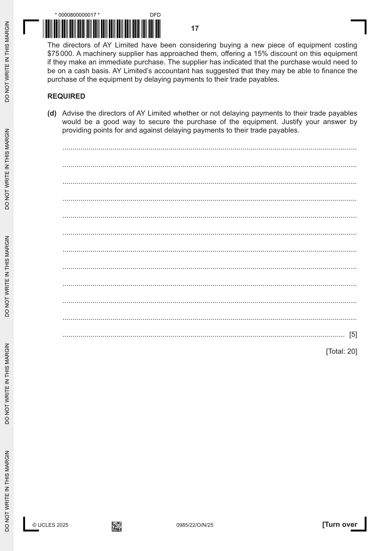 Cambridge IGCSE Accounting (9-1) 0985 2025 Oct/Nov Paper 2 · Variant 2 question paper, page 17 of 20