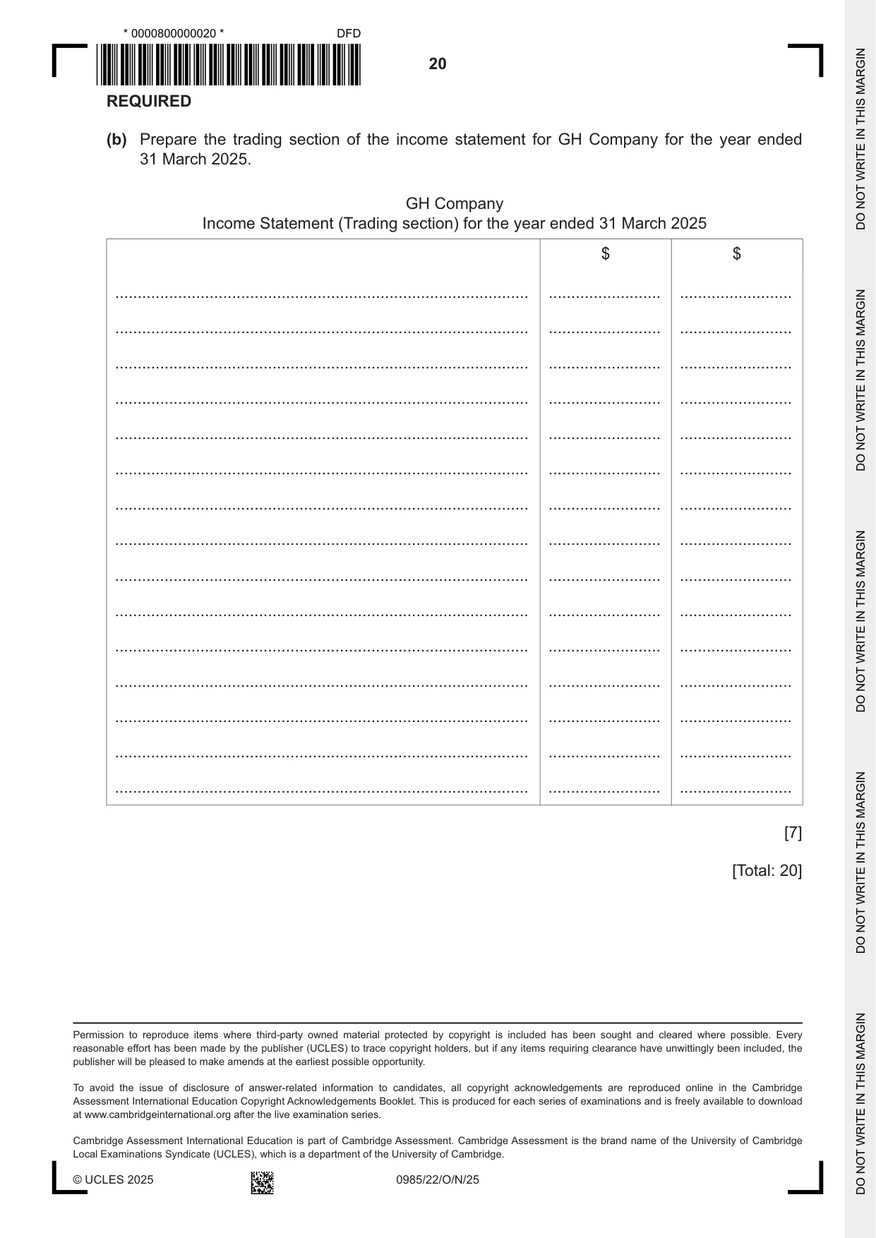 Cambridge IGCSE Accounting (9-1) 0985 2025 Oct/Nov Paper 2 · Variant 2 question paper, page 20 of 20