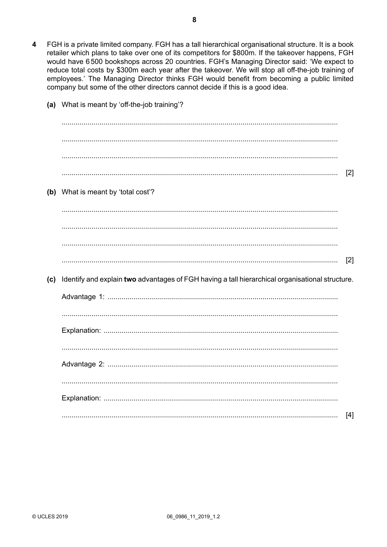 Cambridge IGCSE Business Studies (9-1) 0986 2019 May/June Paper 1 · Variant 1 question paper, page 8 of 12