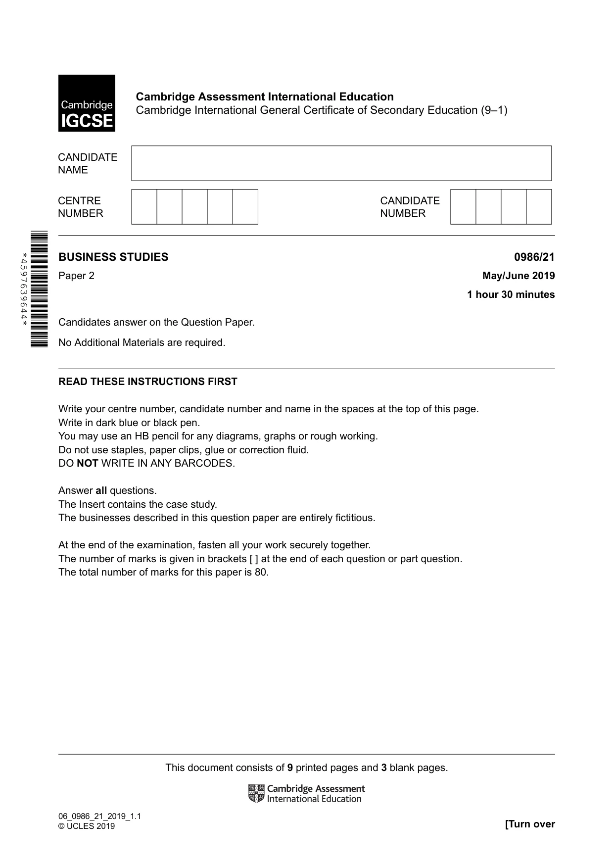 Cambridge IGCSE Business Studies (9-1) 0986 2019 May/June Paper 2 · Variant 1 question paper, page 1 of 12