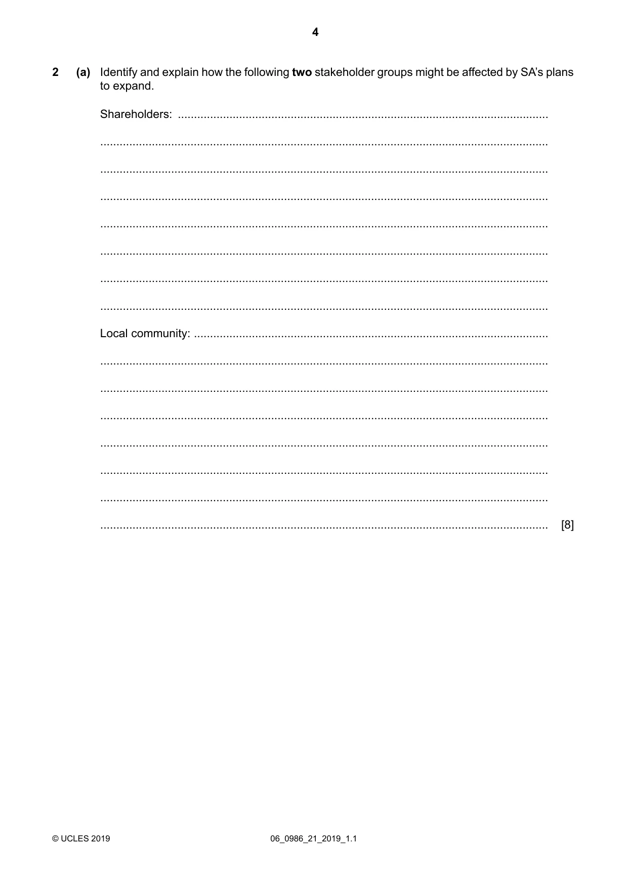 Cambridge IGCSE Business Studies (9-1) 0986 2019 May/June Paper 2 · Variant 1 question paper, page 4 of 12