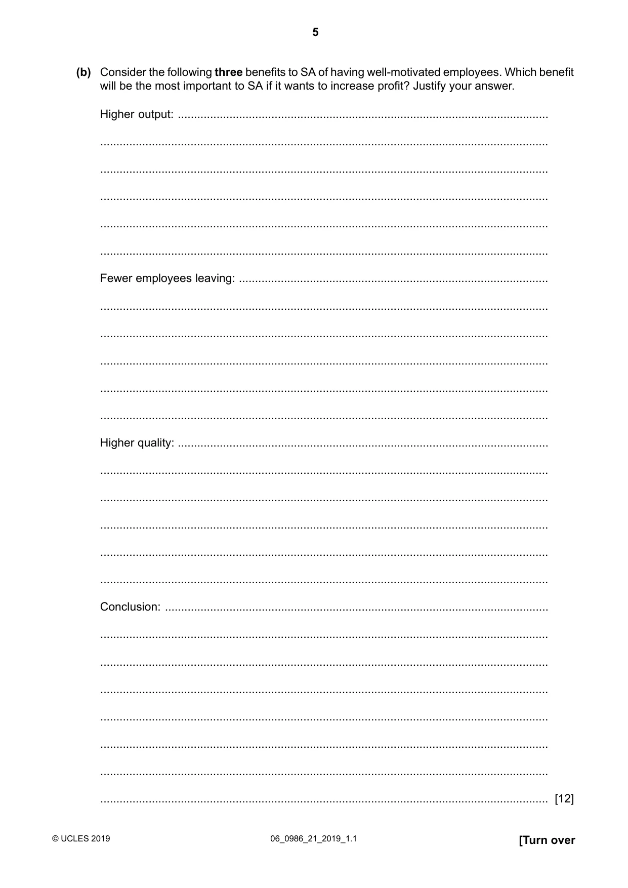 Cambridge IGCSE Business Studies (9-1) 0986 2019 May/June Paper 2 · Variant 1 question paper, page 5 of 12