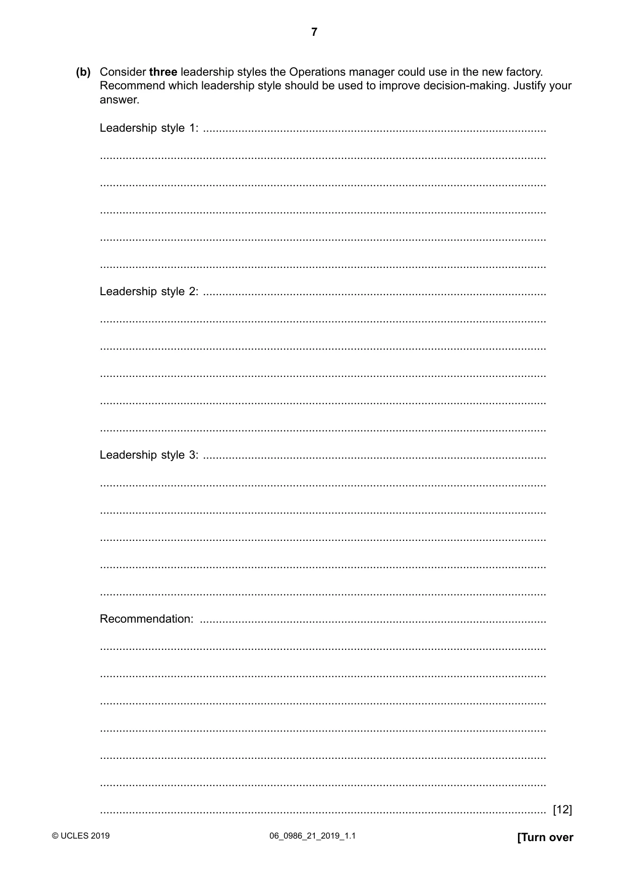 Cambridge IGCSE Business Studies (9-1) 0986 2019 May/June Paper 2 · Variant 1 question paper, page 7 of 12
