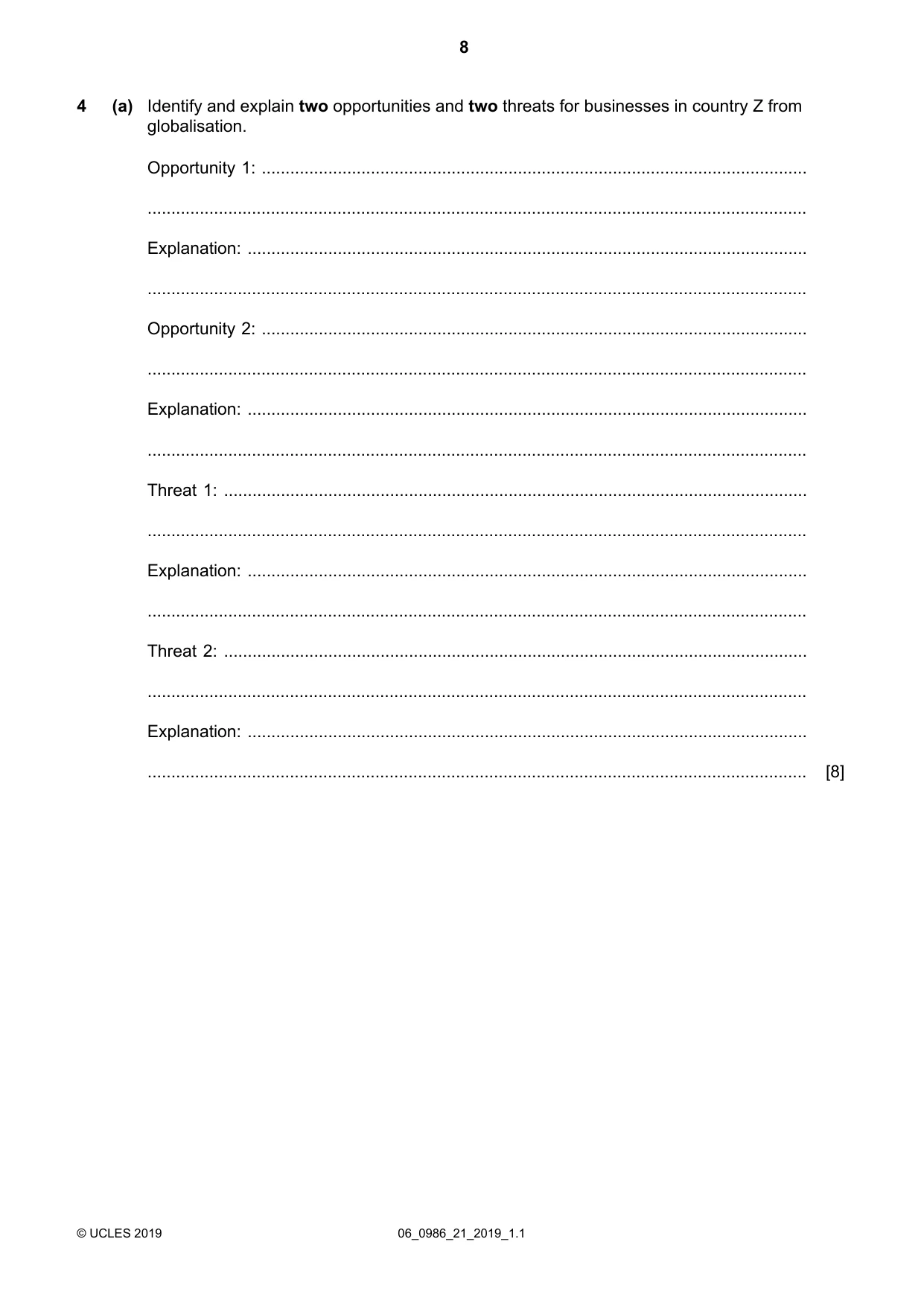 Cambridge IGCSE Business Studies (9-1) 0986 2019 May/June Paper 2 · Variant 1 question paper, page 8 of 12