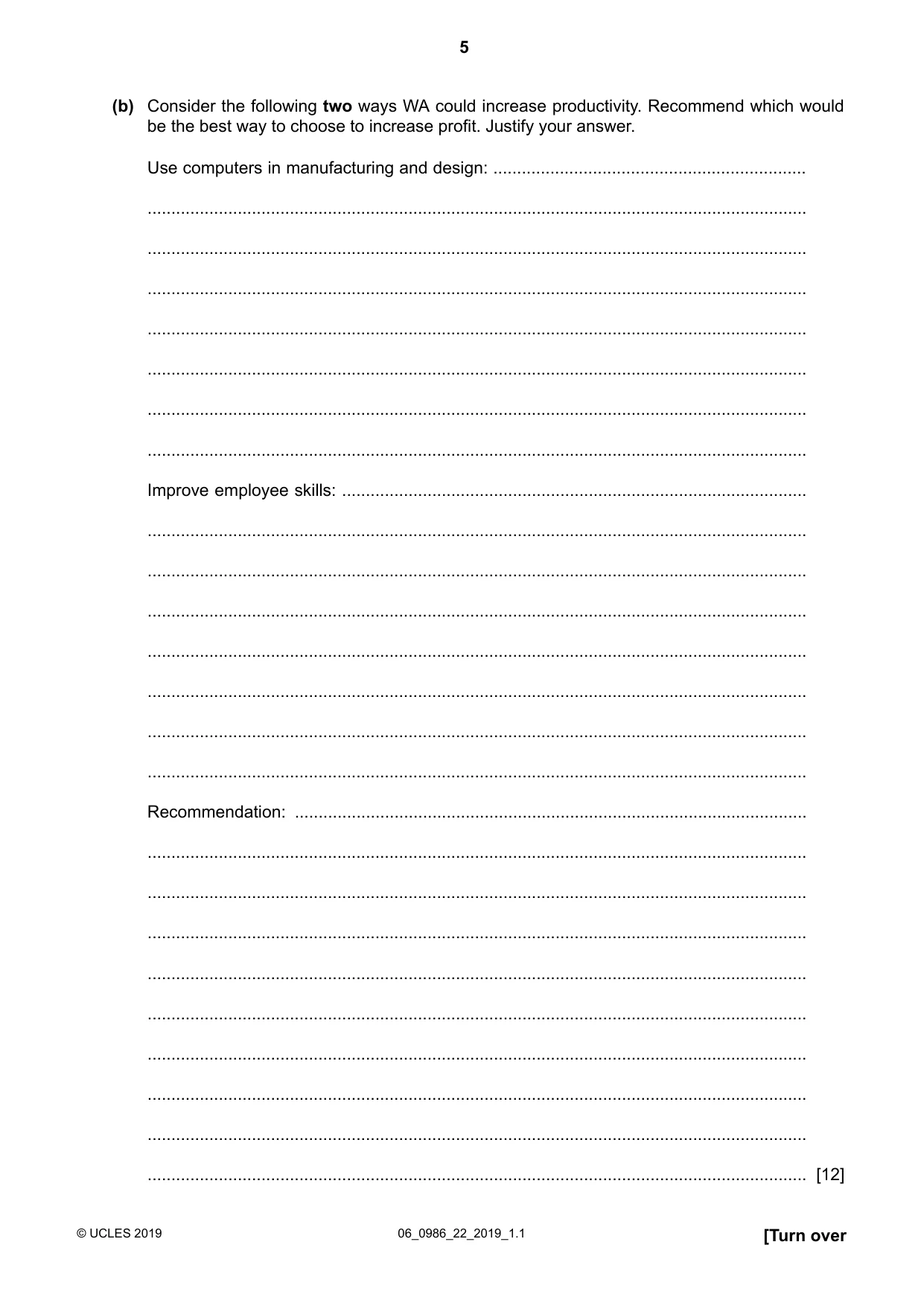 Cambridge IGCSE Business Studies (9-1) 0986 2019 May/June Paper 2 · Variant 2 question paper, page 5 of 12