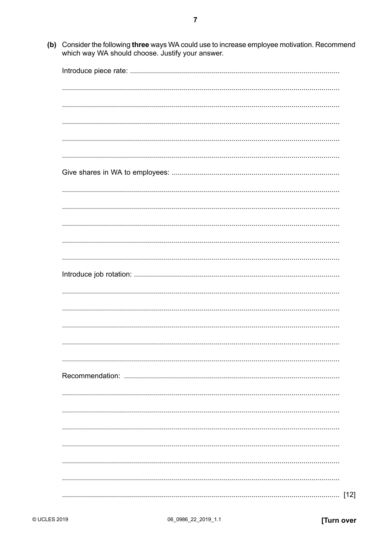 Cambridge IGCSE Business Studies (9-1) 0986 2019 May/June Paper 2 · Variant 2 question paper, page 7 of 12
