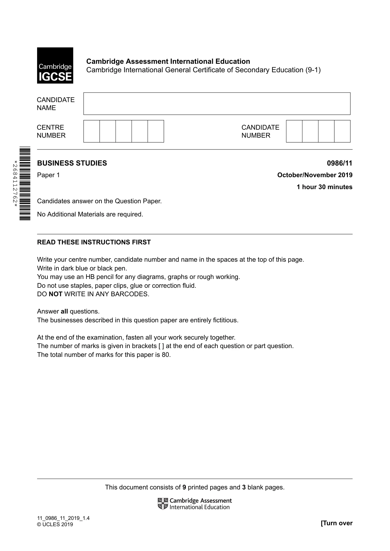 Cambridge IGCSE Business Studies (9-1) 0986 2019 Oct/Nov Paper 1 · Variant 1 question paper, page 1 of 12