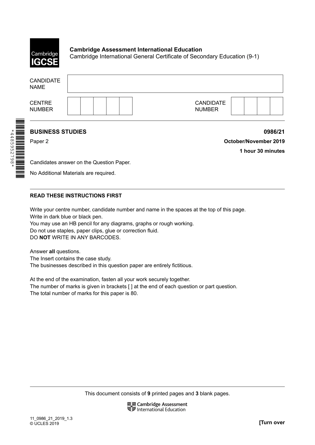 Cambridge IGCSE Business Studies (9-1) 0986 2019 Oct/Nov Paper 2 · Variant 1 question paper, page 1 of 12