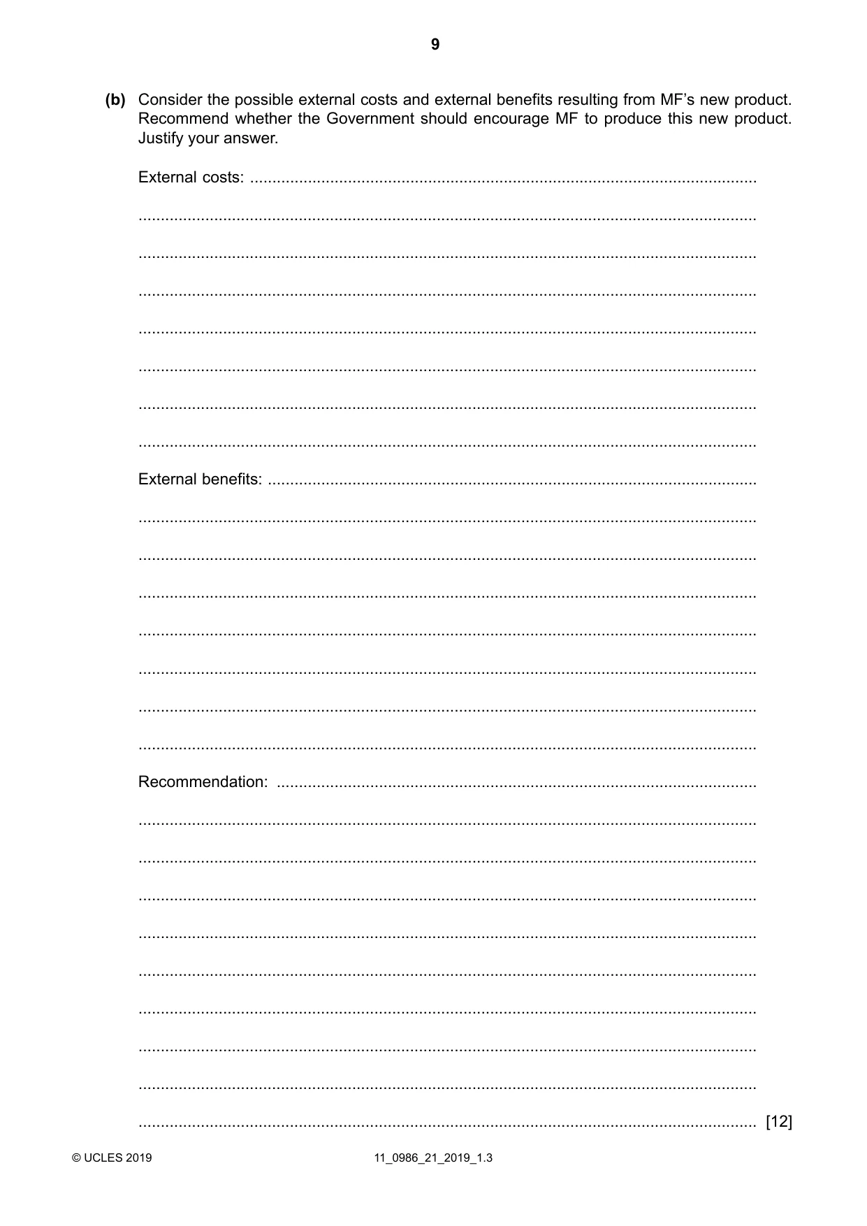 Cambridge IGCSE Business Studies (9-1) 0986 2019 Oct/Nov Paper 2 · Variant 1 question paper, page 9 of 12