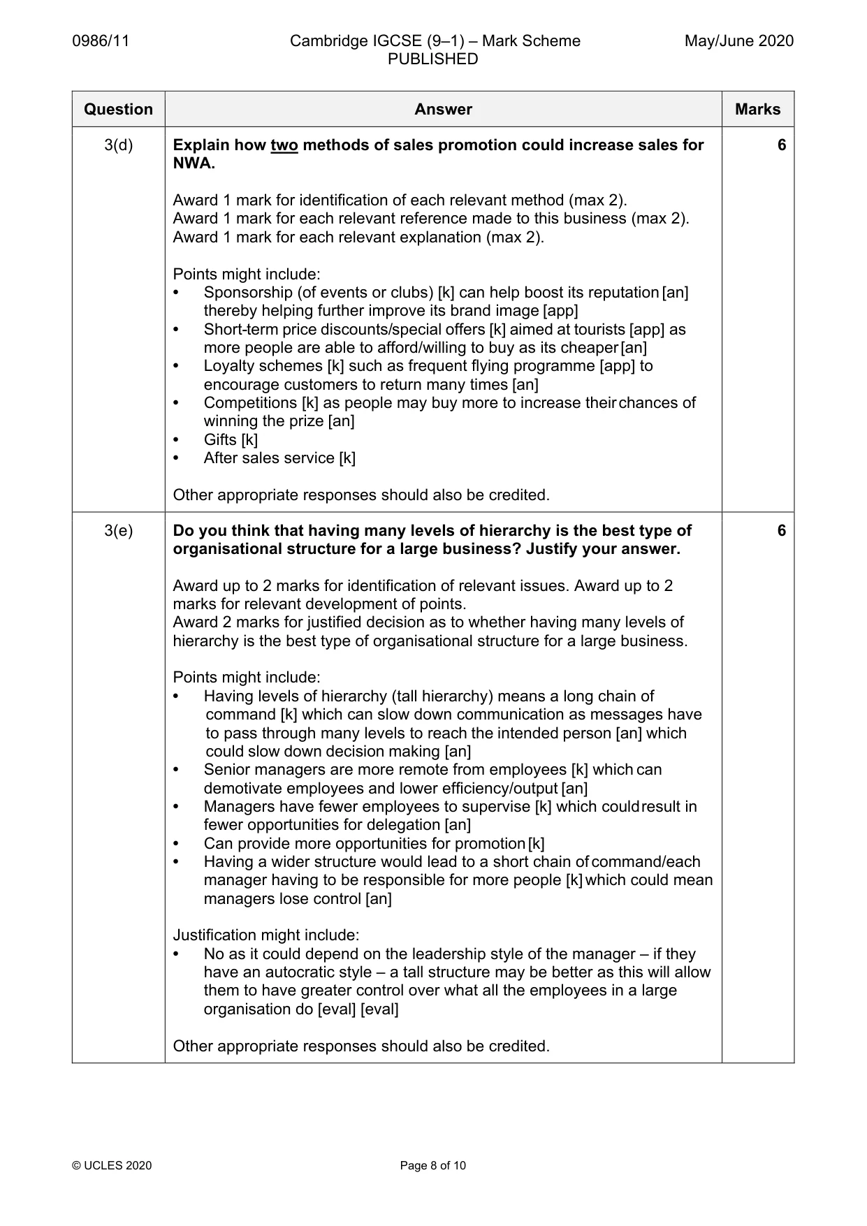 Mark scheme, page 8 of 10