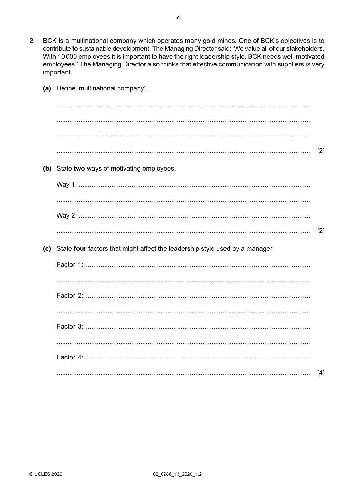 Cambridge IGCSE Business Studies (9-1) 0986 2020 May/June Paper 1 · Variant 1 question paper, page 4 of 12