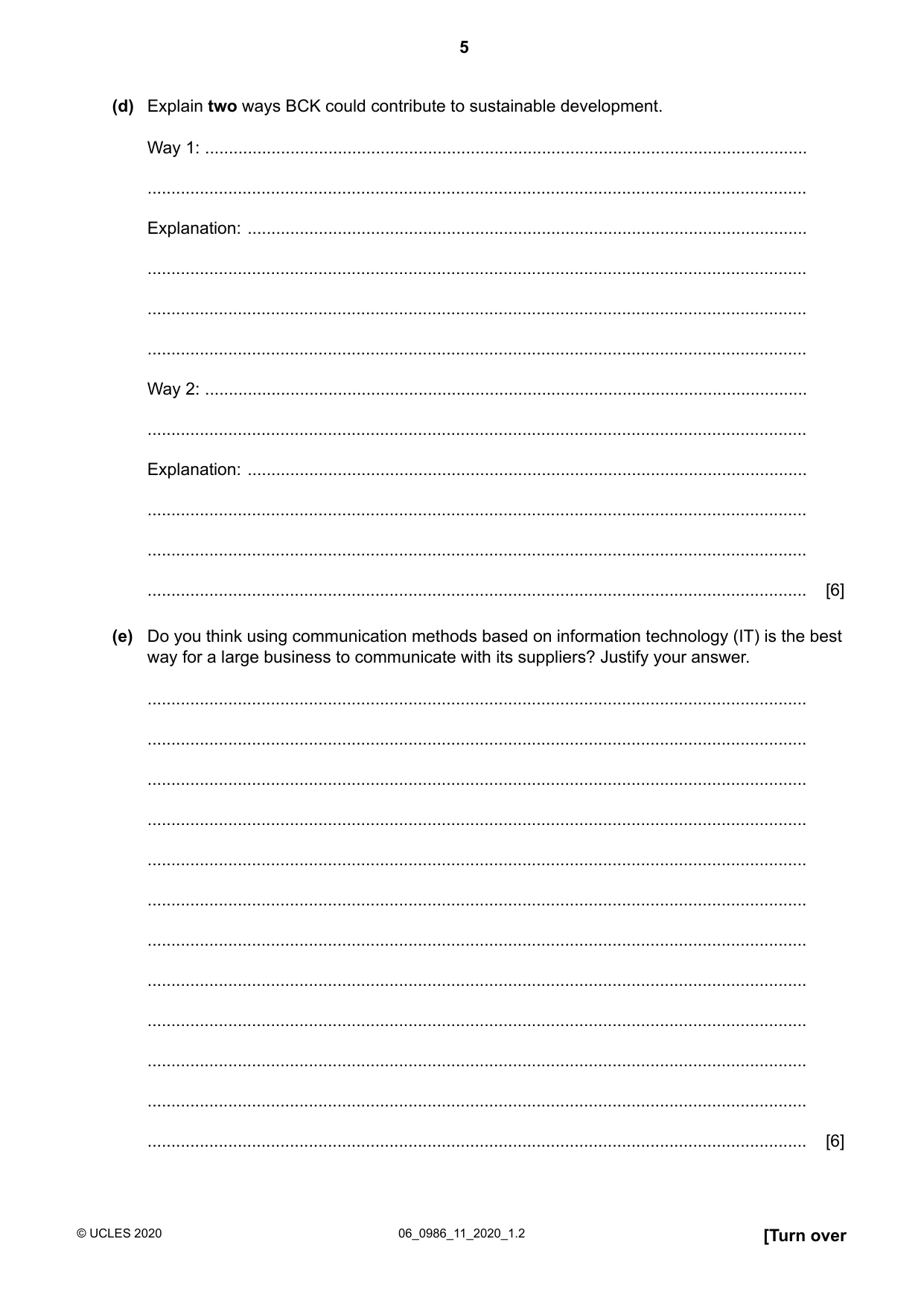 Cambridge IGCSE Business Studies (9-1) 0986 2020 May/June Paper 1 · Variant 1 question paper, page 5 of 12